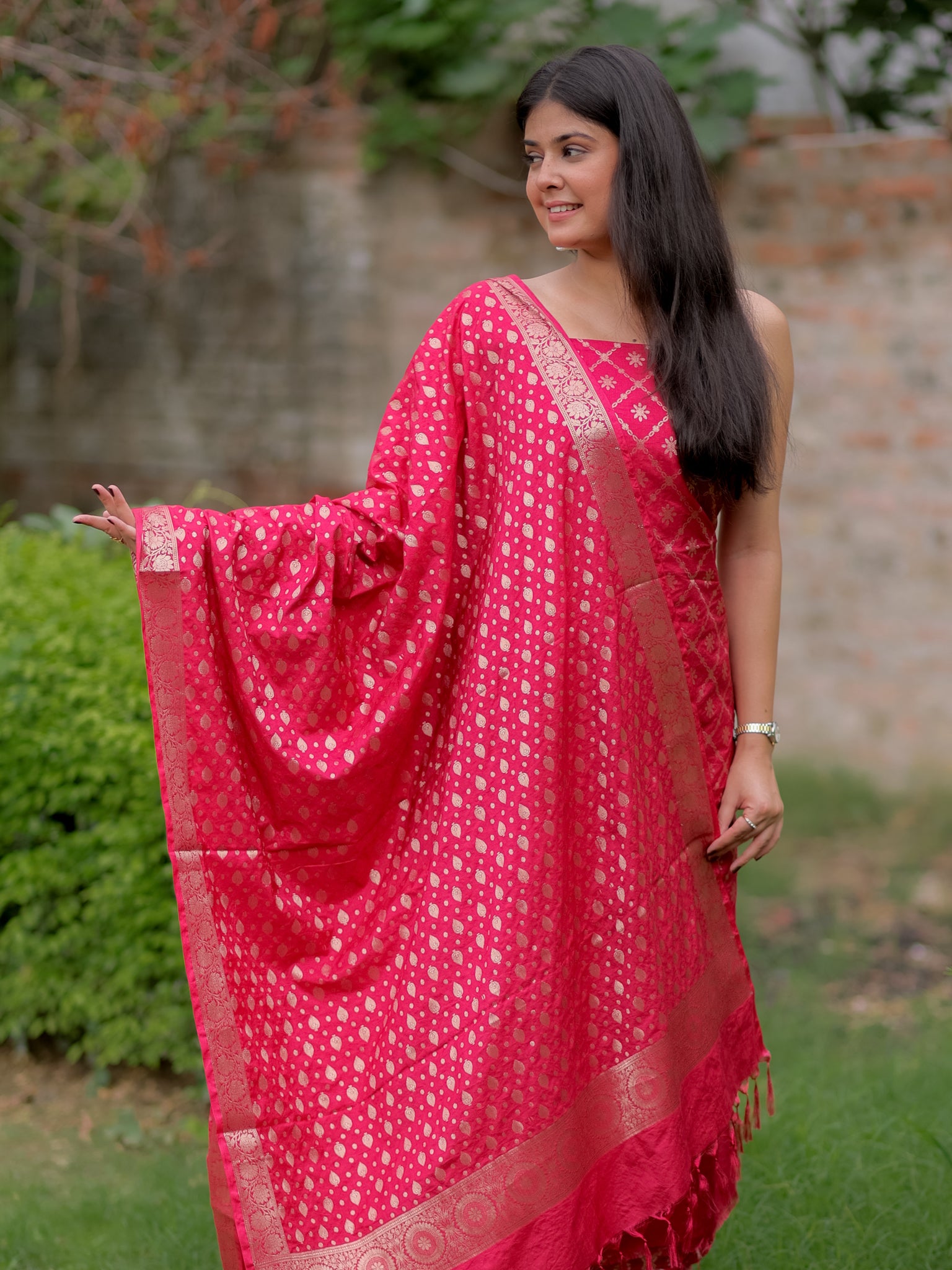 Banarasi Semi Katan Salwar Kameez Fabric With Dupatta- Red