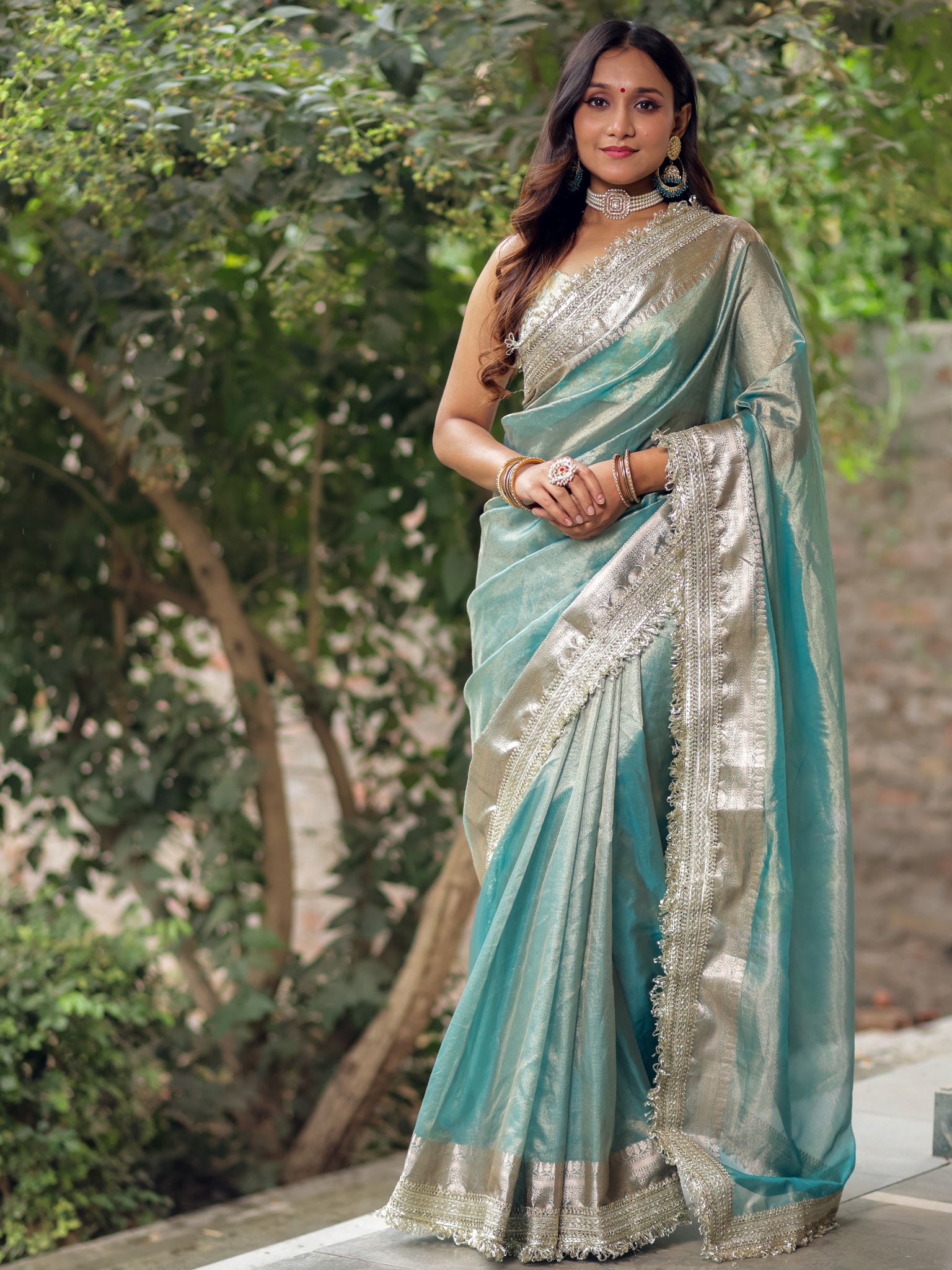 Banarasi Tissue Saree With Silver Zari Border & Lace- Aqua Blue