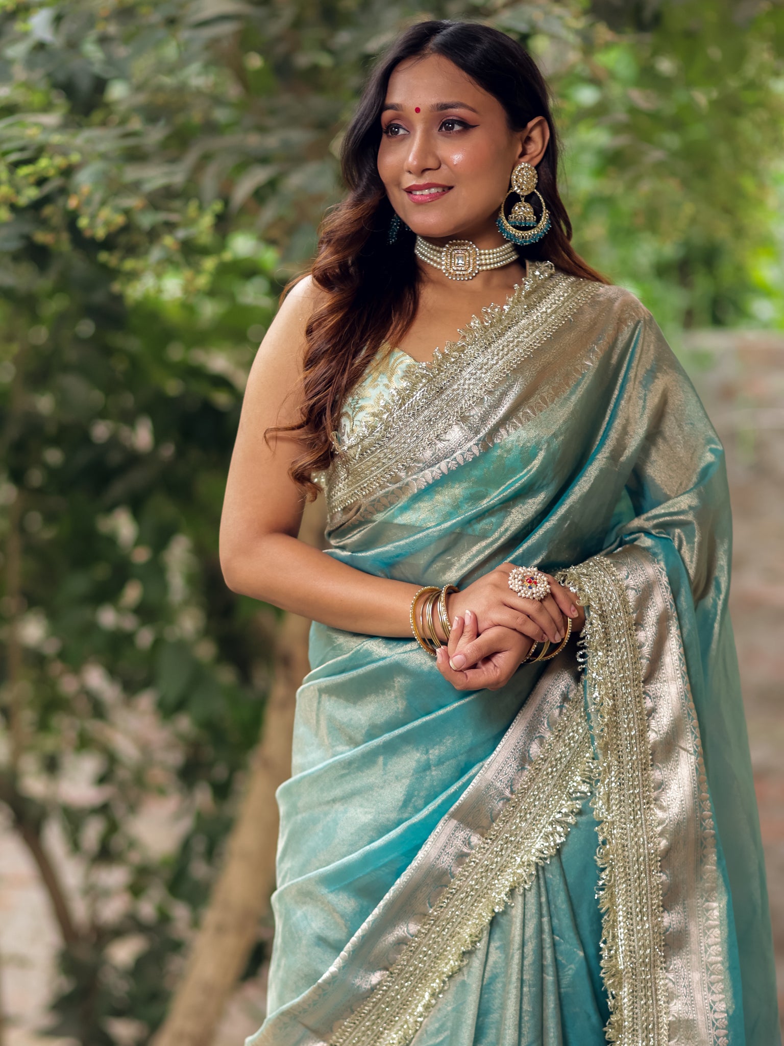 Banarasi Tissue Saree With Silver Zari Border & Lace- Aqua Blue