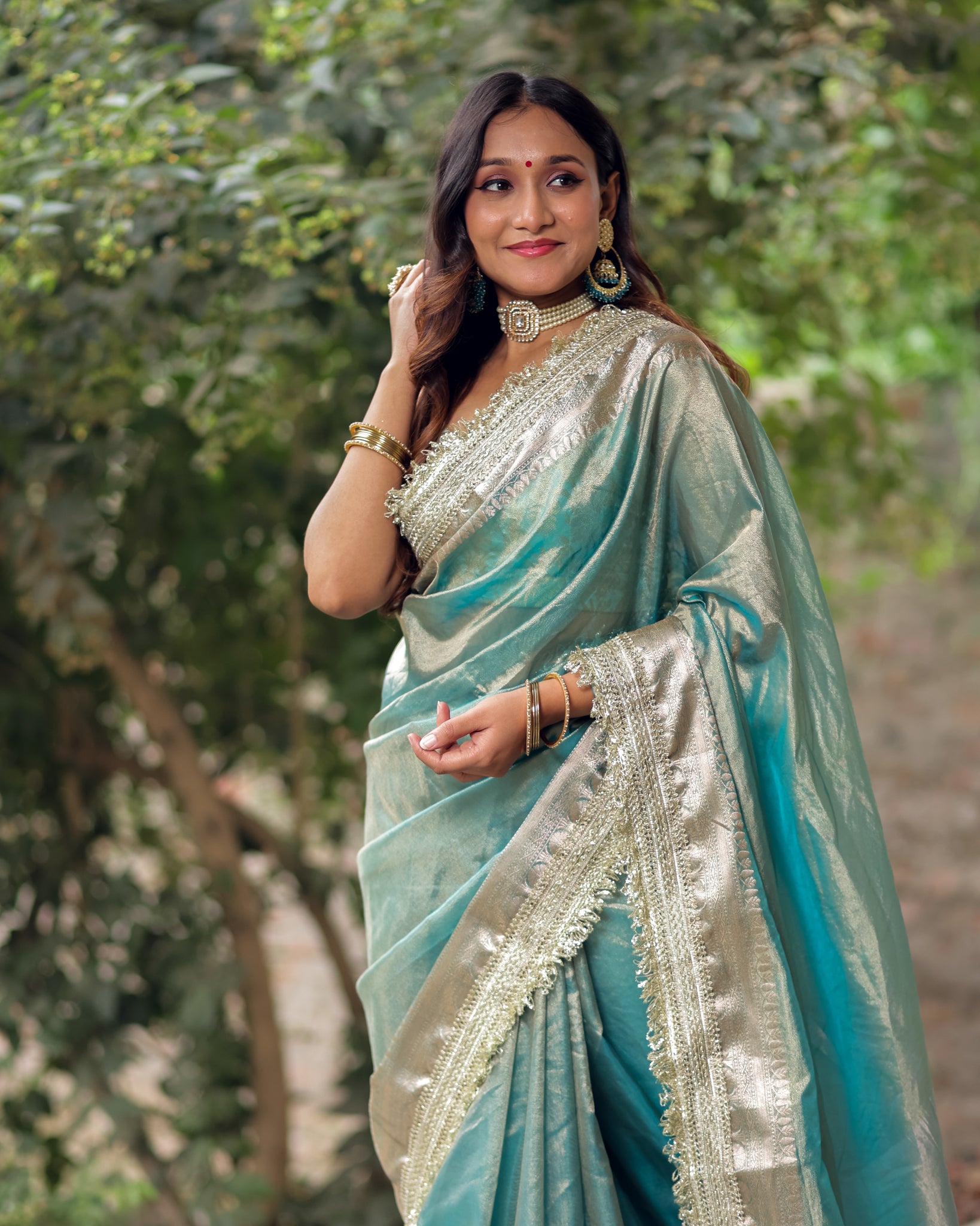 Banarasi Tissue Saree With Silver Zari Border & Lace- Aqua Blue