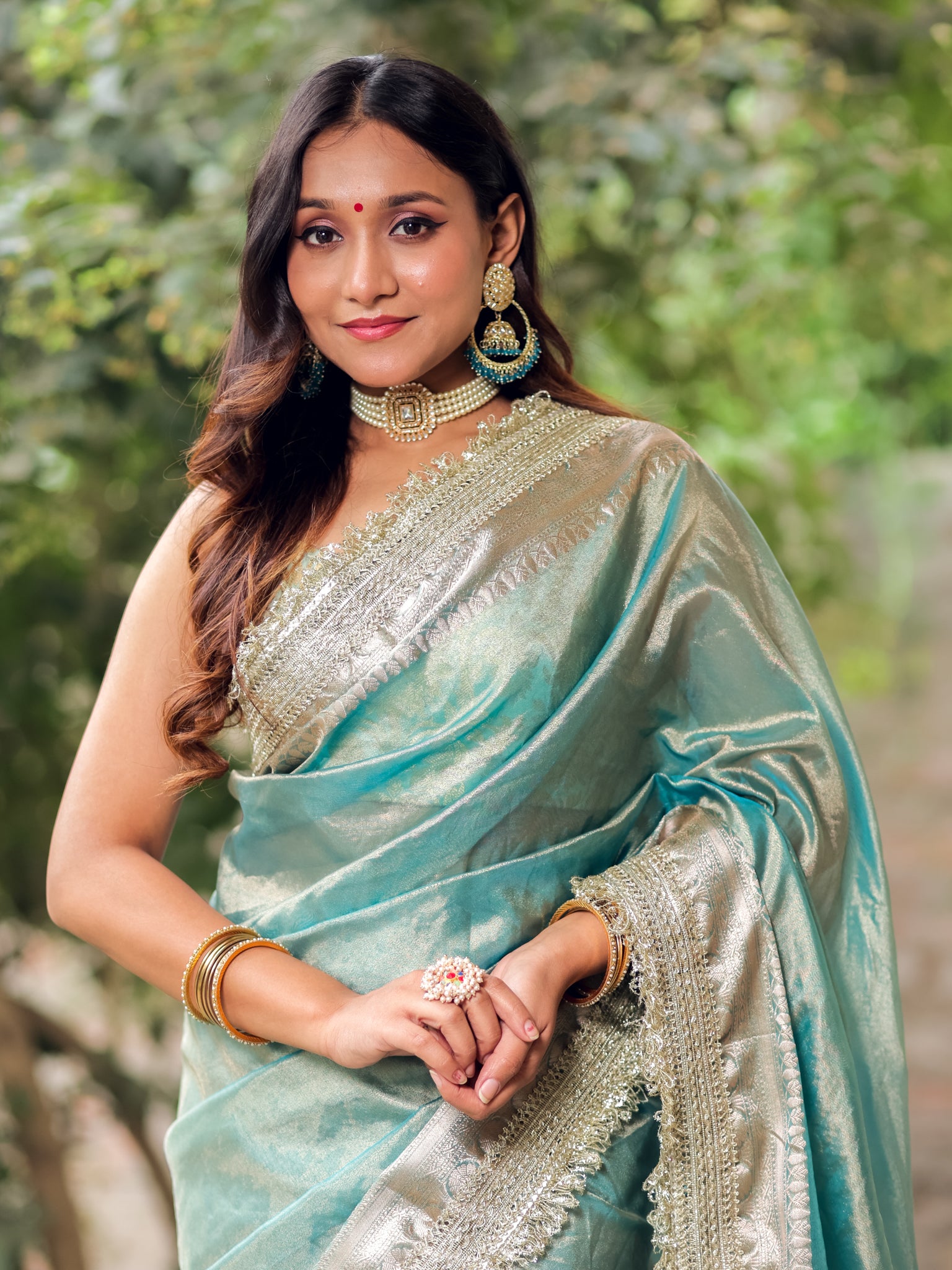 Banarasi Tissue Saree With Silver Zari Border & Lace- Aqua Blue