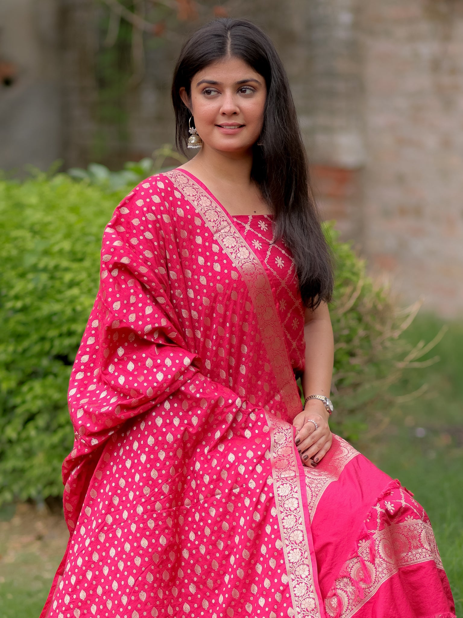 Banarasi Semi Katan Salwar Kameez Fabric With Dupatta- Red