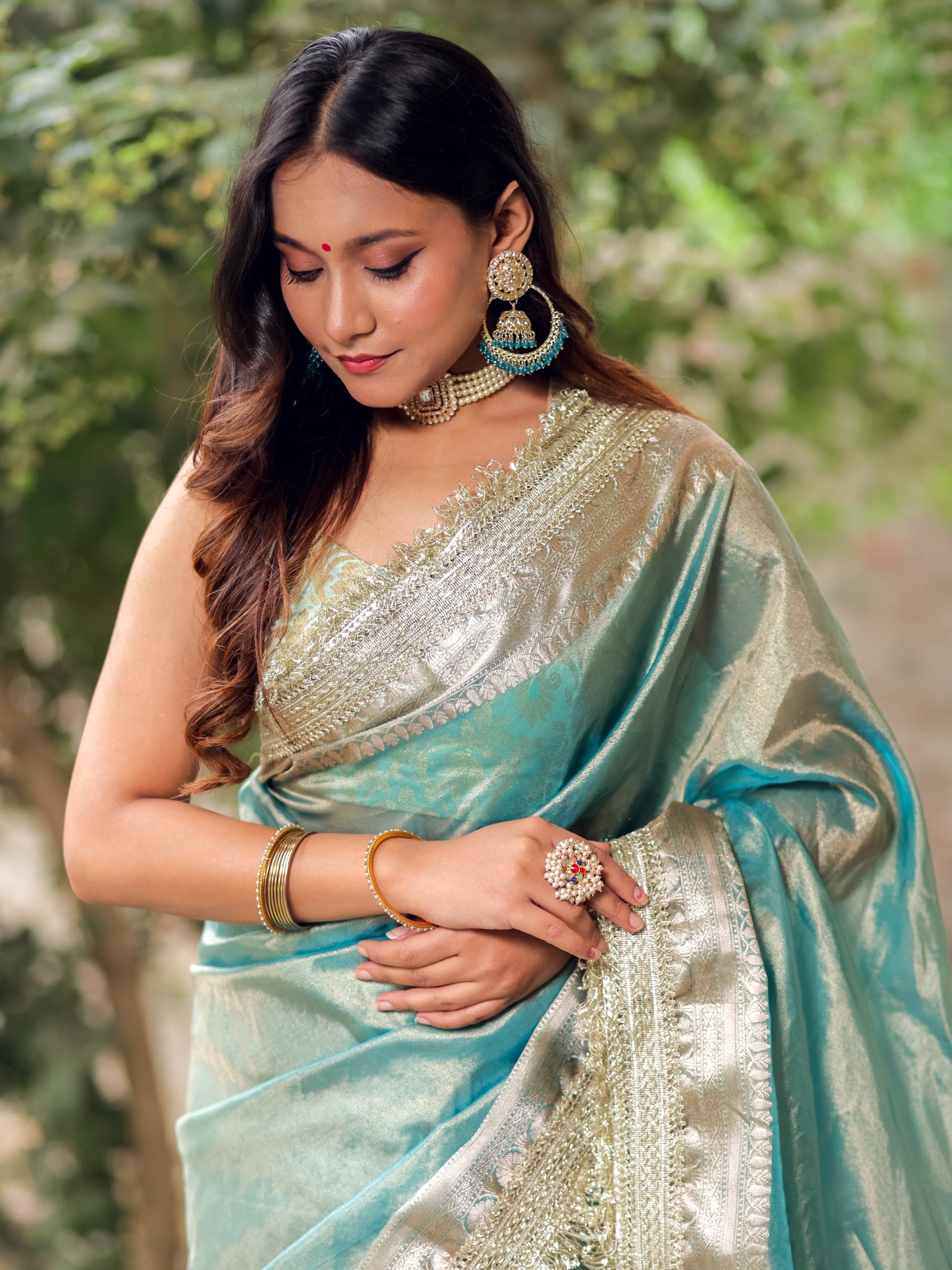 Banarasi Tissue Saree With Silver Zari Border & Lace- Aqua Blue