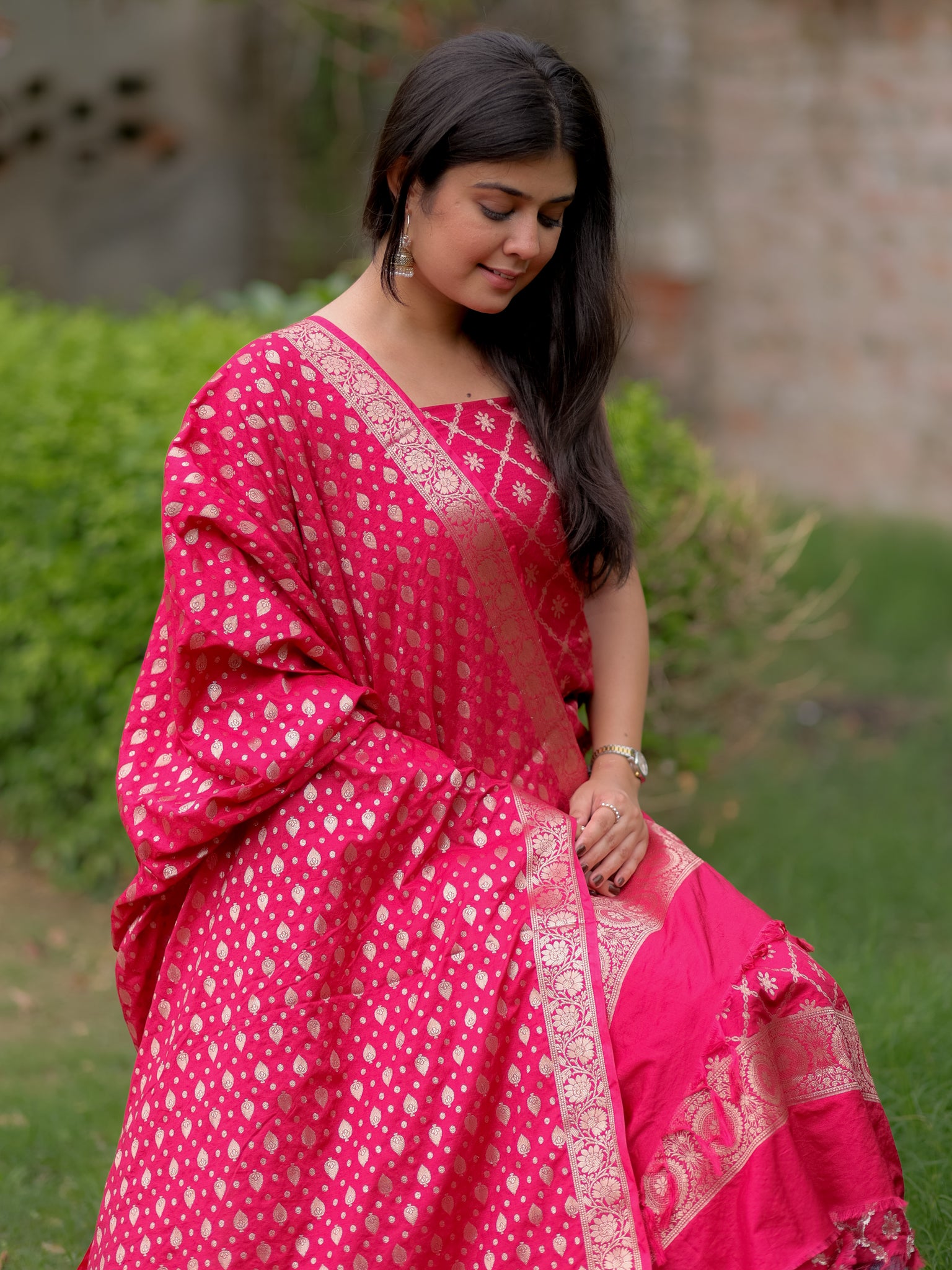 Banarasi Semi Katan Salwar Kameez Fabric With Dupatta- Red
