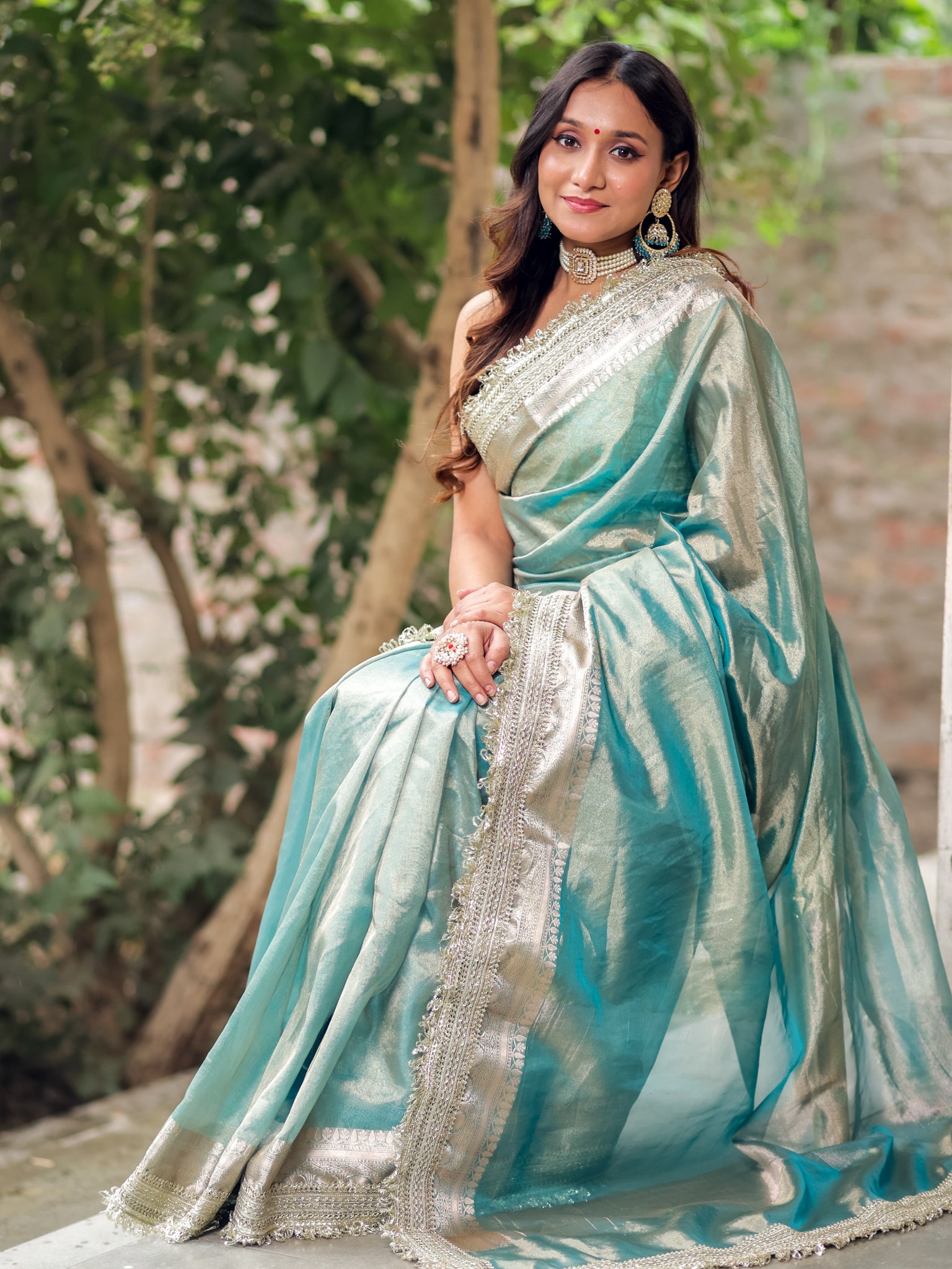 Banarasi Tissue Saree With Silver Zari Border & Lace- Aqua Blue