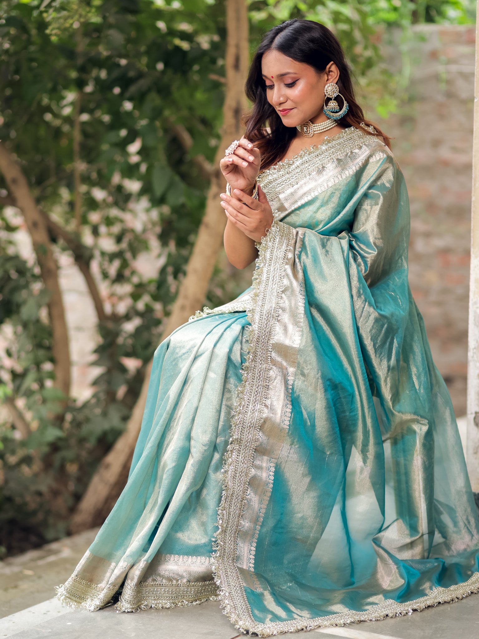 Banarasi Tissue Saree With Silver Zari Border & Lace- Aqua Blue