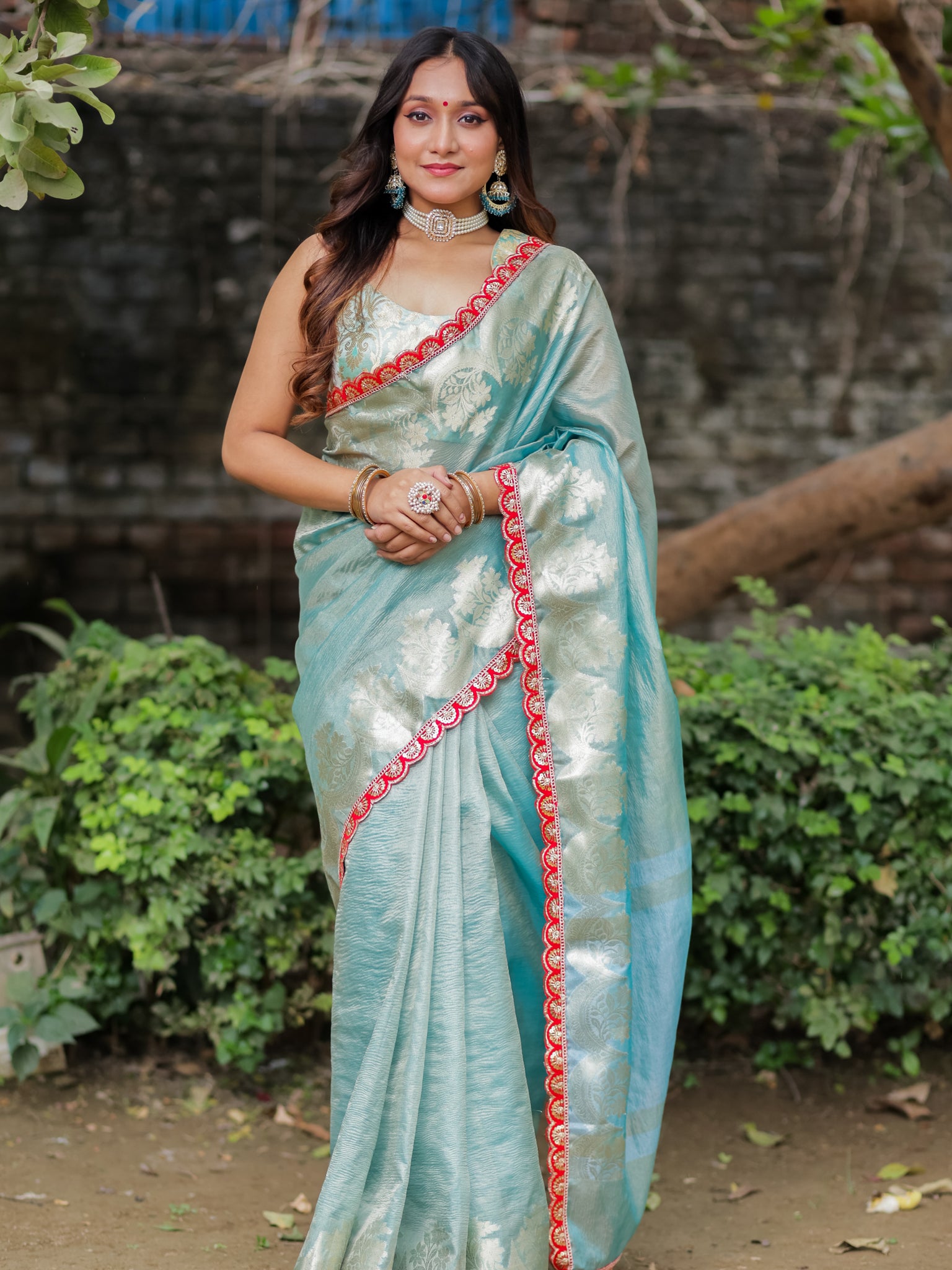 Banarasi Crushed Tissue Saree With Silver Zari Border & Lace- Aqua Blue