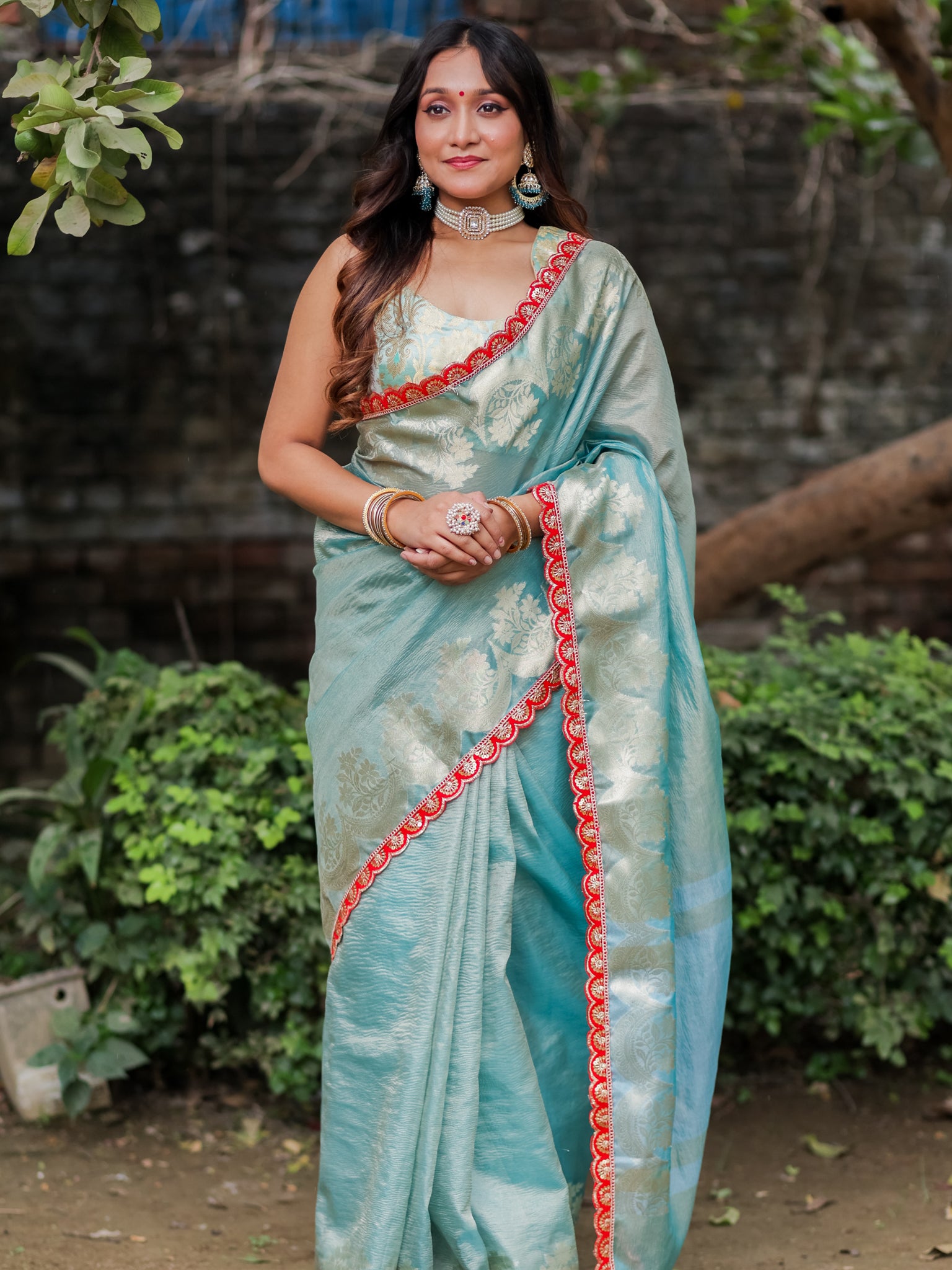 Banarasi Crushed Tissue Saree With Silver Zari Border & Lace- Aqua Blue