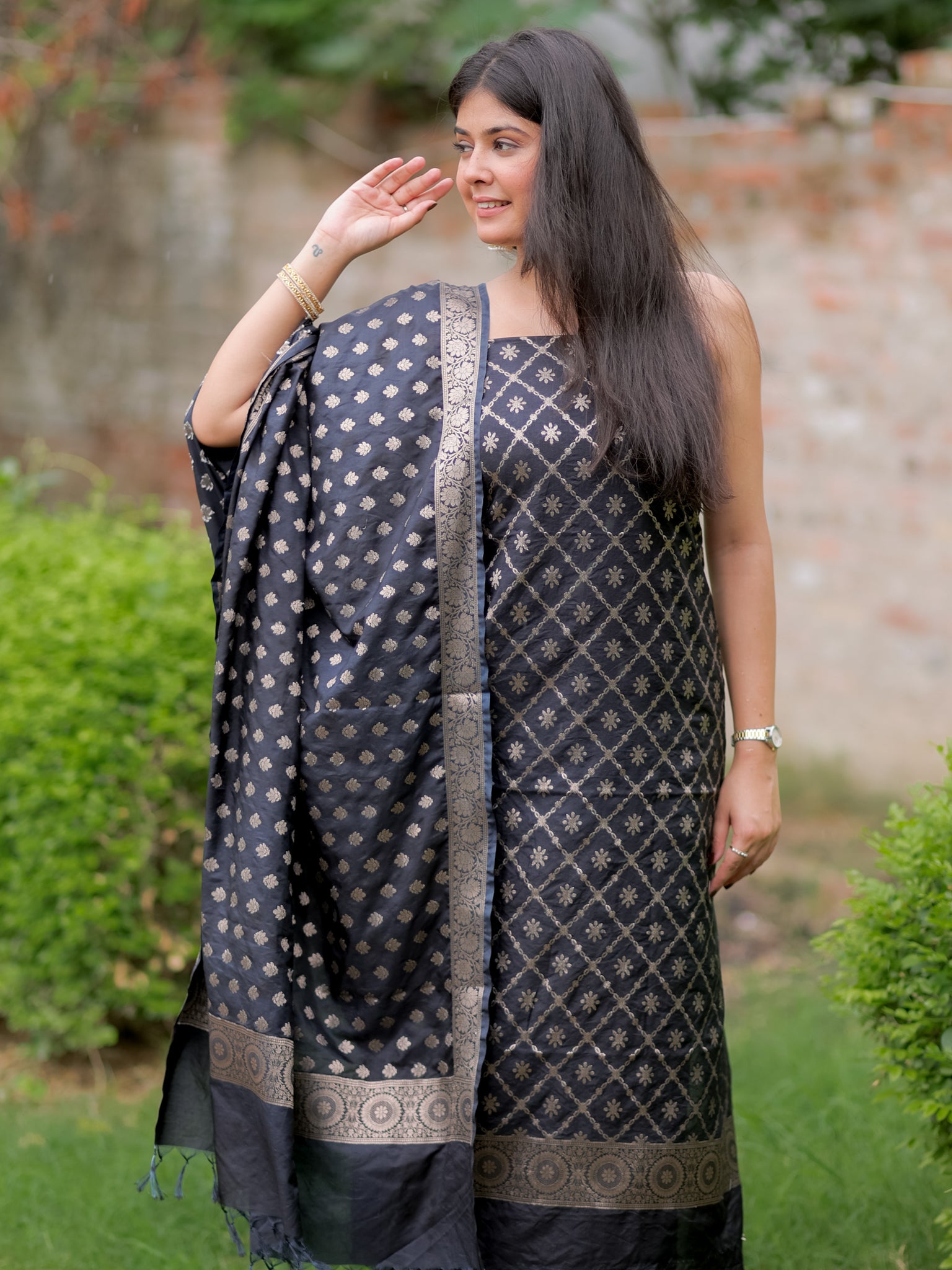 Banarasi Semi Katan Salwar Kameez Fabric With Dupatta- Black