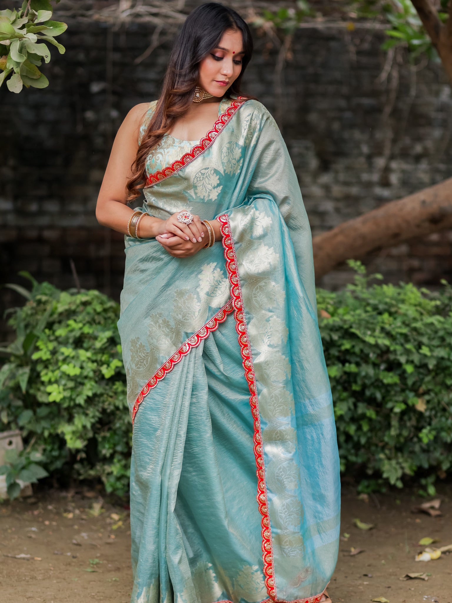 Banarasi Crushed Tissue Saree With Silver Zari Border & Lace- Aqua Blue