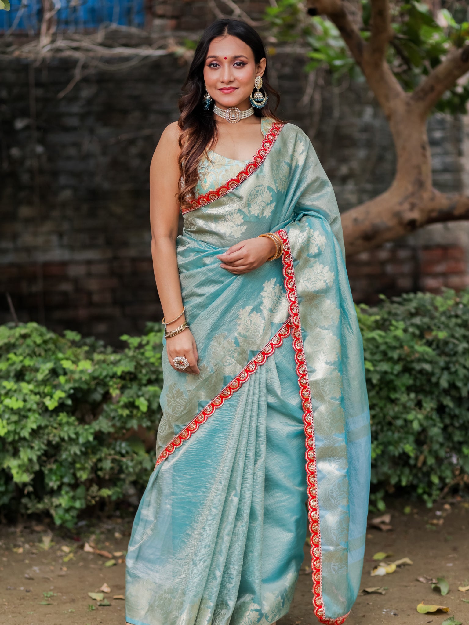 Banarasi Crushed Tissue Saree With Silver Zari Border & Lace- Aqua Blue