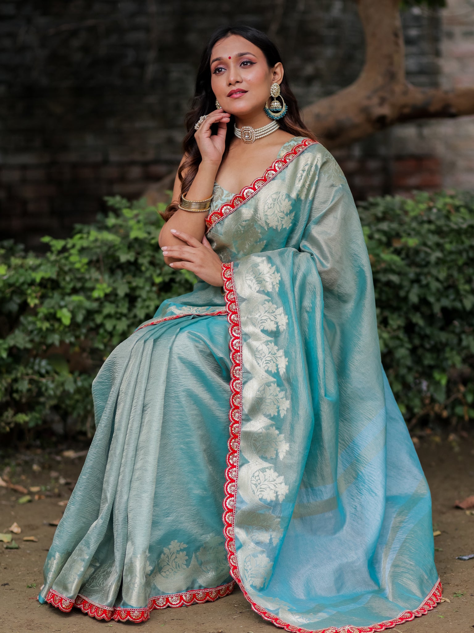 Banarasi Crushed Tissue Saree With Silver Zari Border & Lace- Aqua Blue