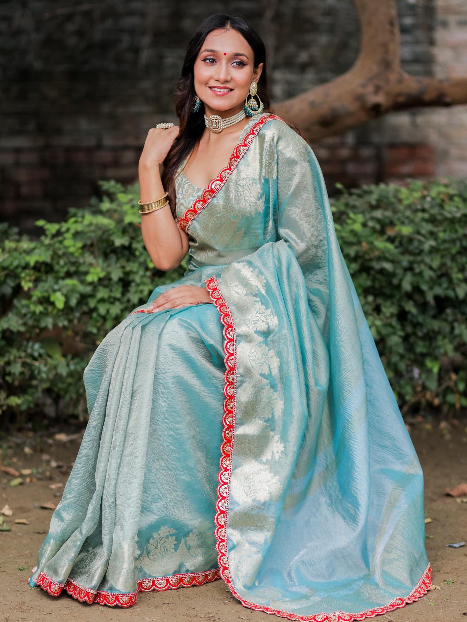 Banarasi Crushed Tissue Saree With Silver Zari Border & Lace- Aqua Blue