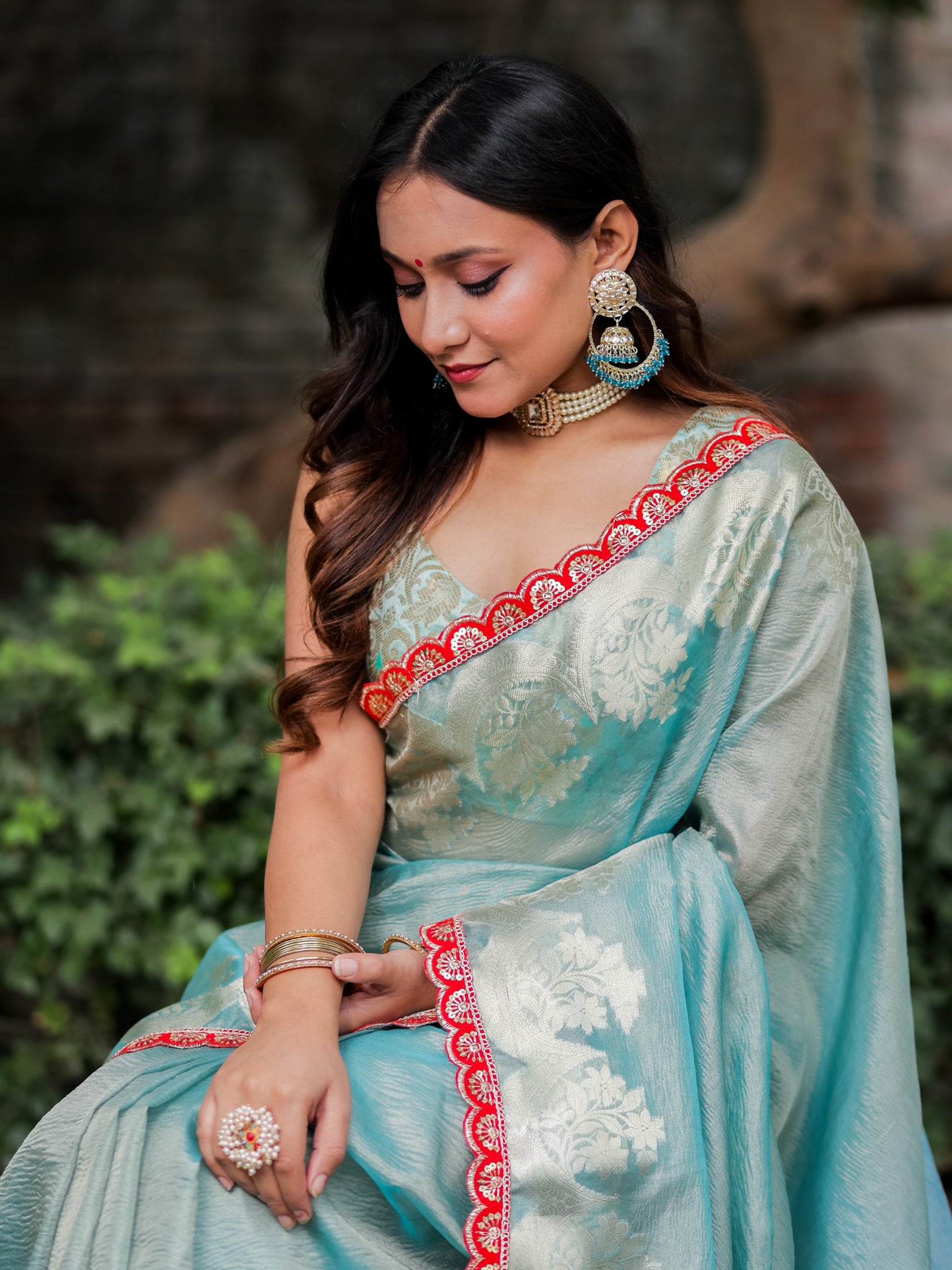 Banarasi Crushed Tissue Saree With Silver Zari Border & Lace- Aqua Blue