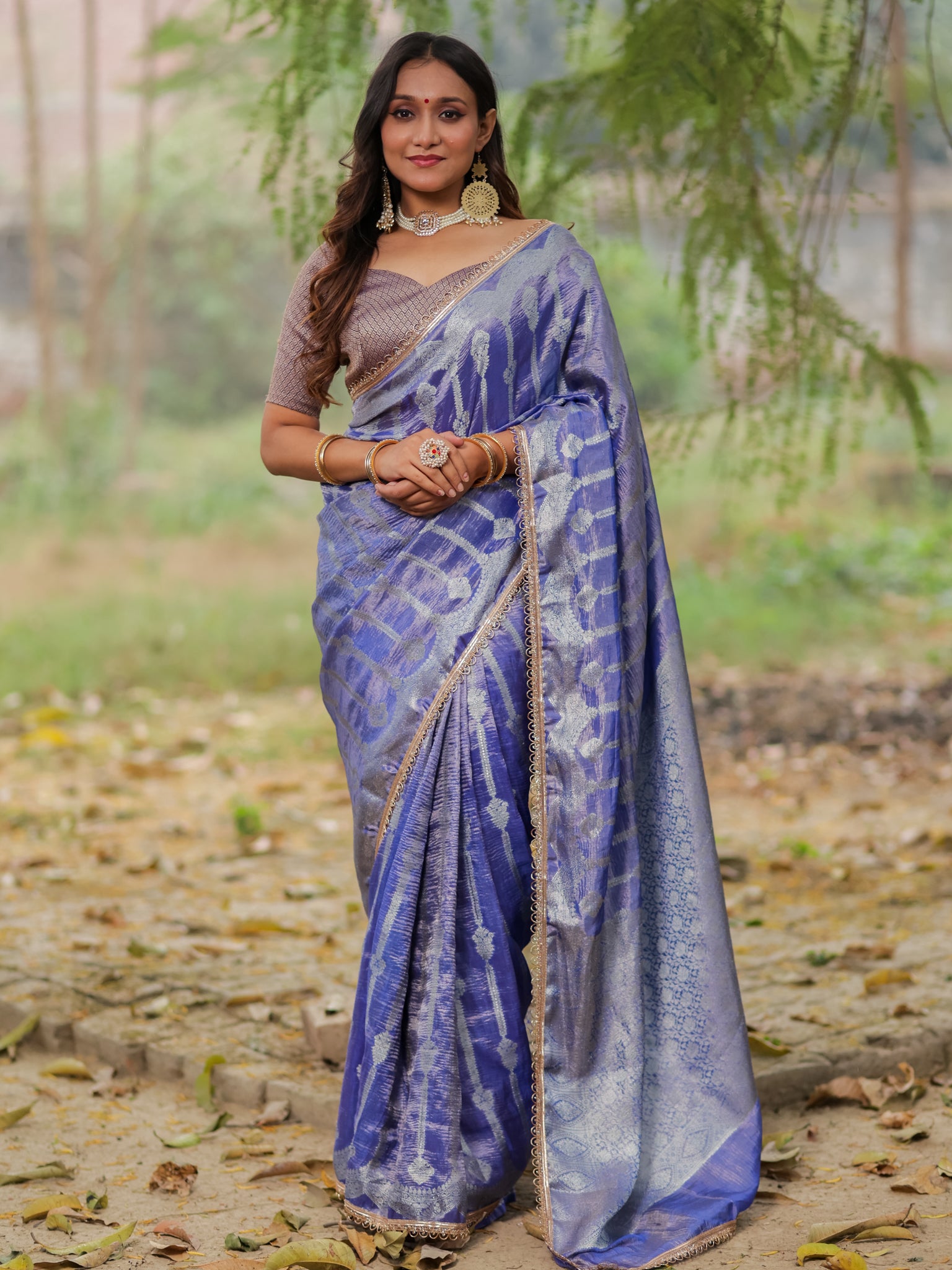 Banarasi Crushed Tissue Saree With Silver Zari Border & Lace- Blue