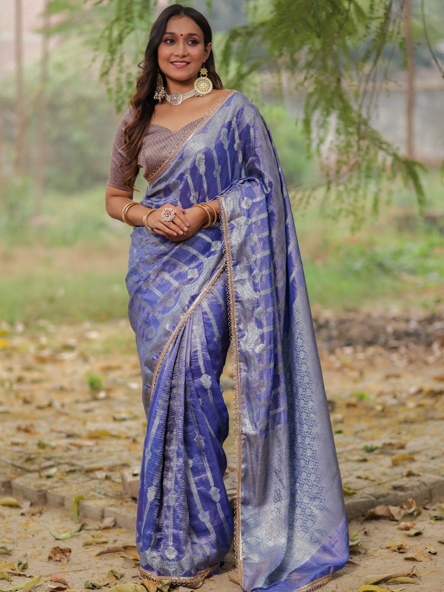 Banarasi Crushed Tissue Saree With Silver Zari Border & Lace- Blue