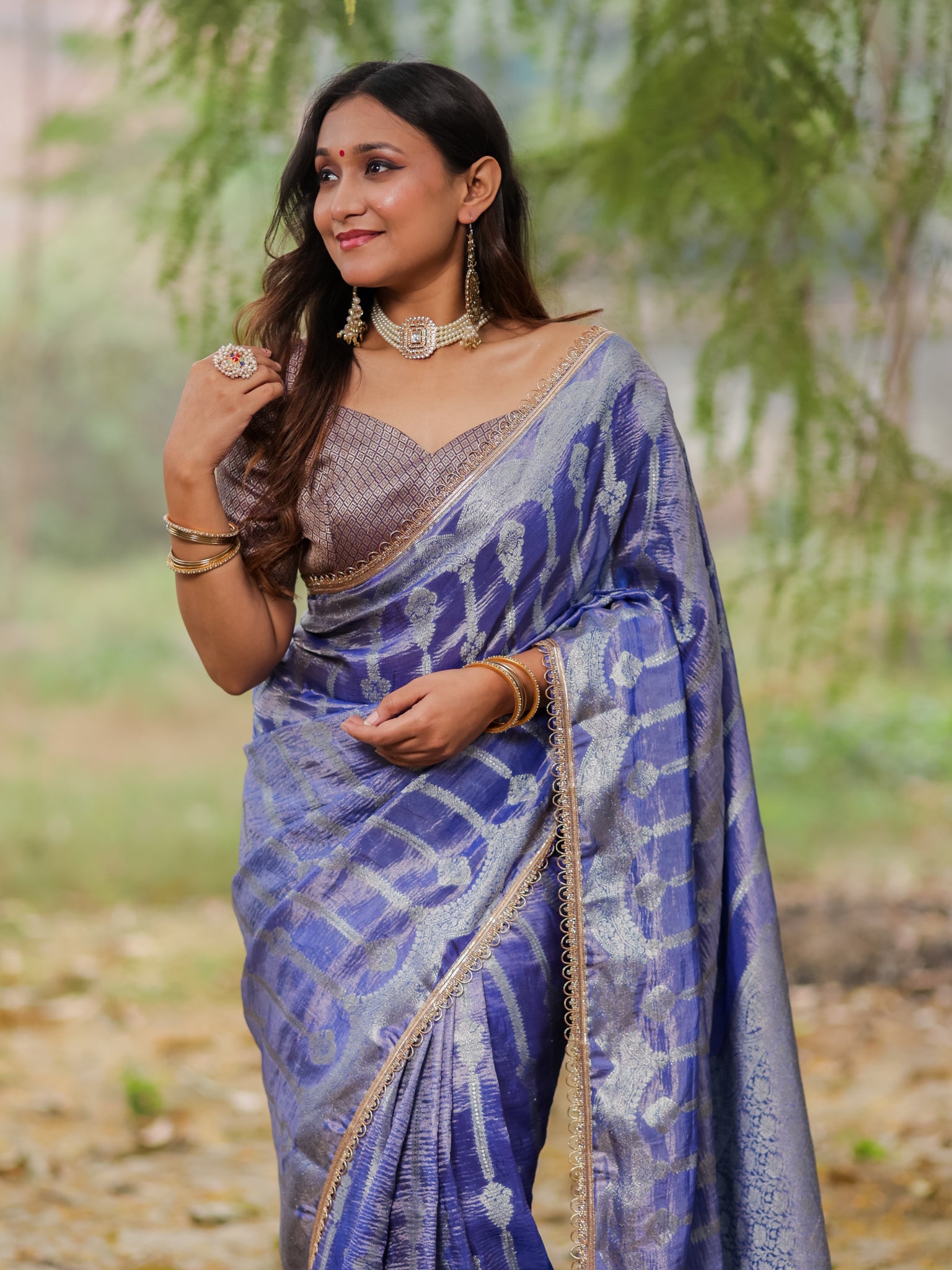 Banarasi Crushed Tissue Saree With Silver Zari Border & Lace- Blue