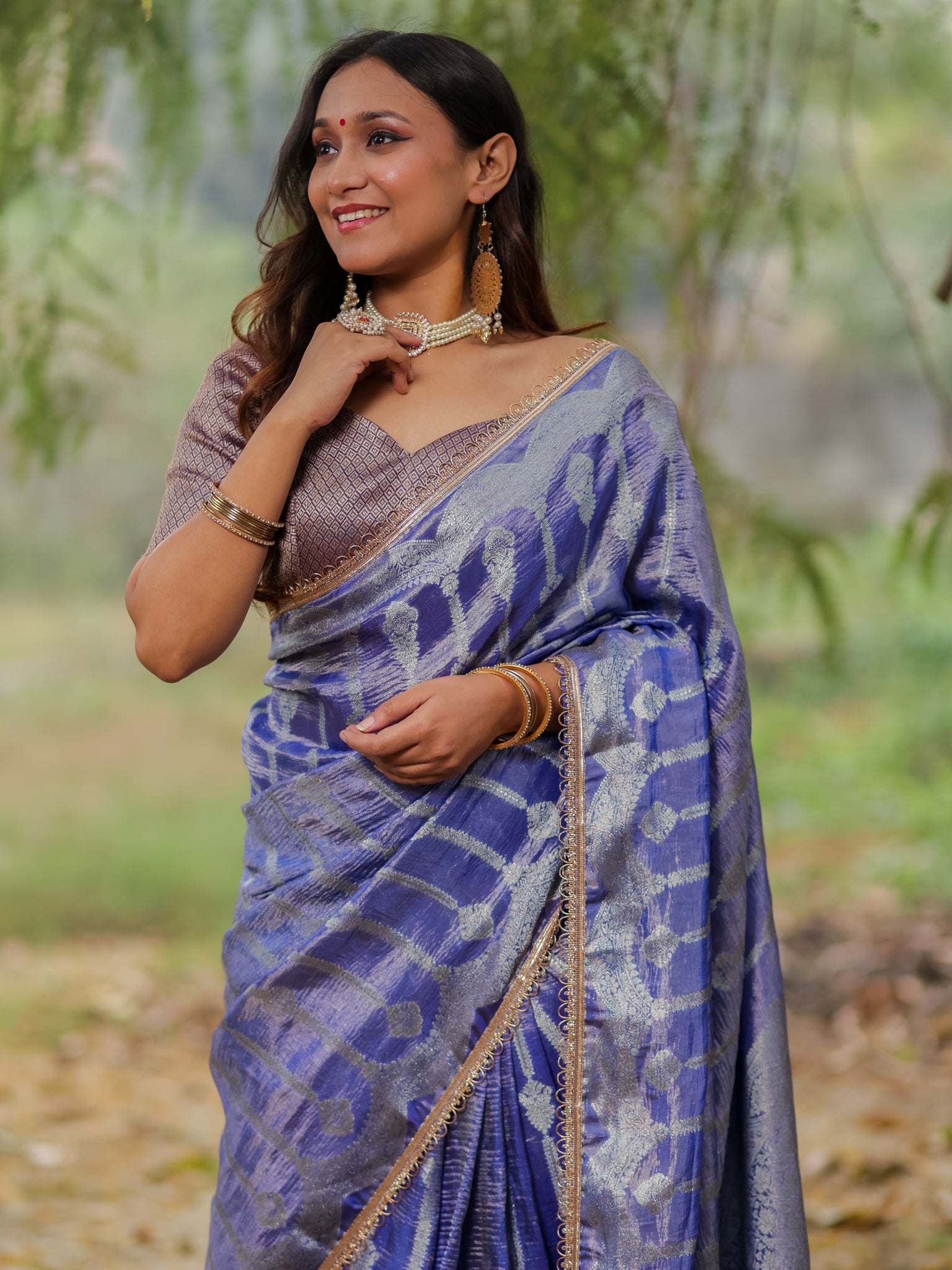 Banarasi Crushed Tissue Saree With Silver Zari Border & Lace- Blue