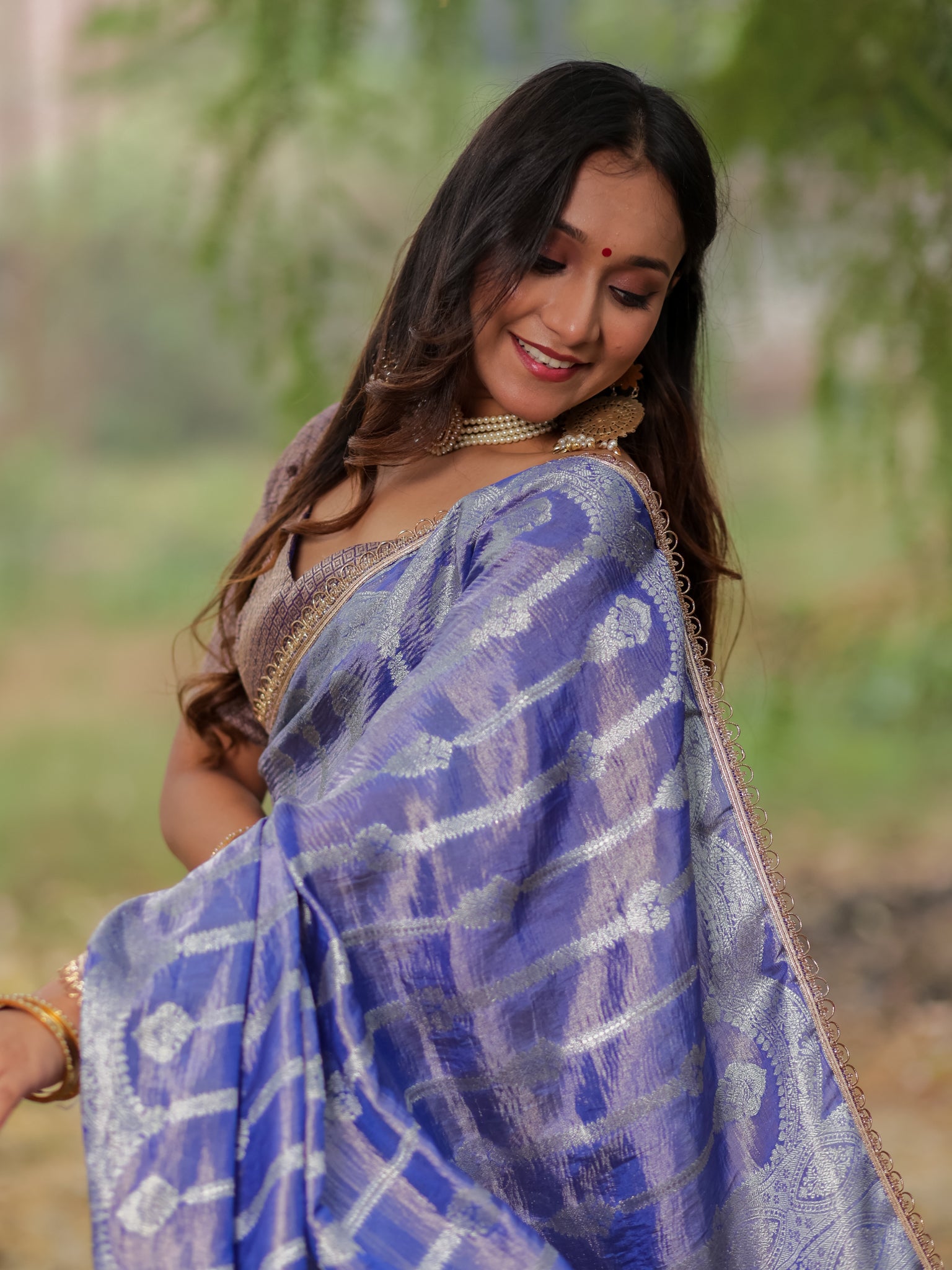 Banarasi Crushed Tissue Saree With Silver Zari Border & Lace- Blue