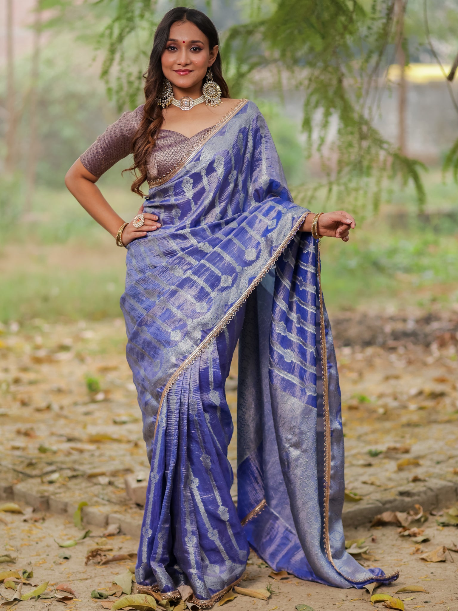 Banarasi Crushed Tissue Saree With Silver Zari Border & Lace- Blue