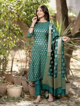 Readymade Banarasi Handloom Pure Muga Silk Salwar Kameez-Green