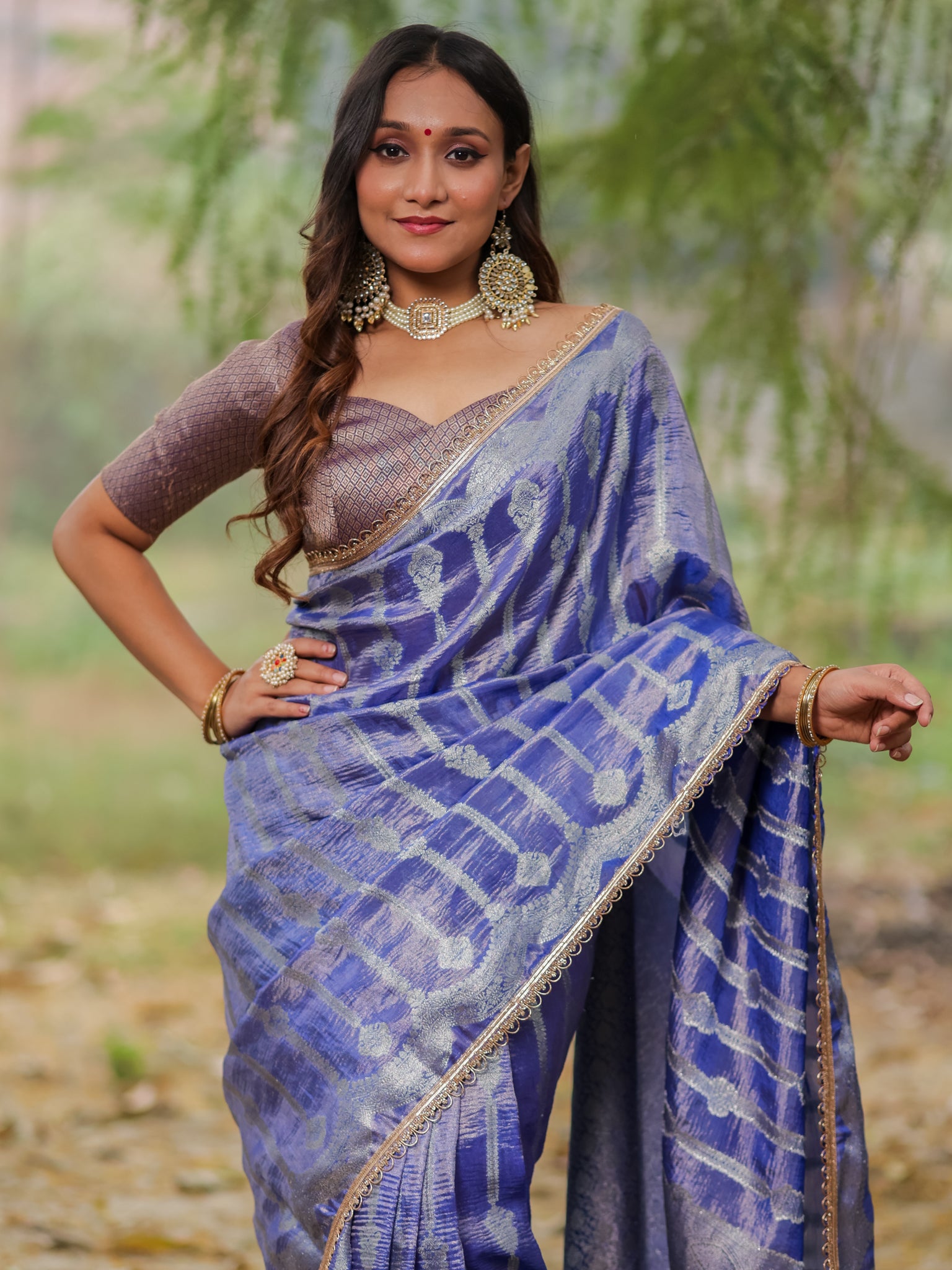 Banarasi Crushed Tissue Saree With Silver Zari Border & Lace- Blue