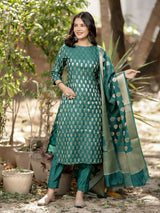 Readymade Banarasi Handloom Pure Muga Silk Salwar Kameez-Green