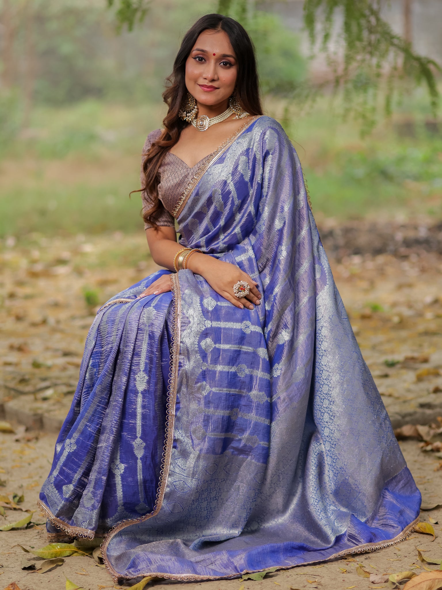 Banarasi Crushed Tissue Saree With Silver Zari Border & Lace- Blue