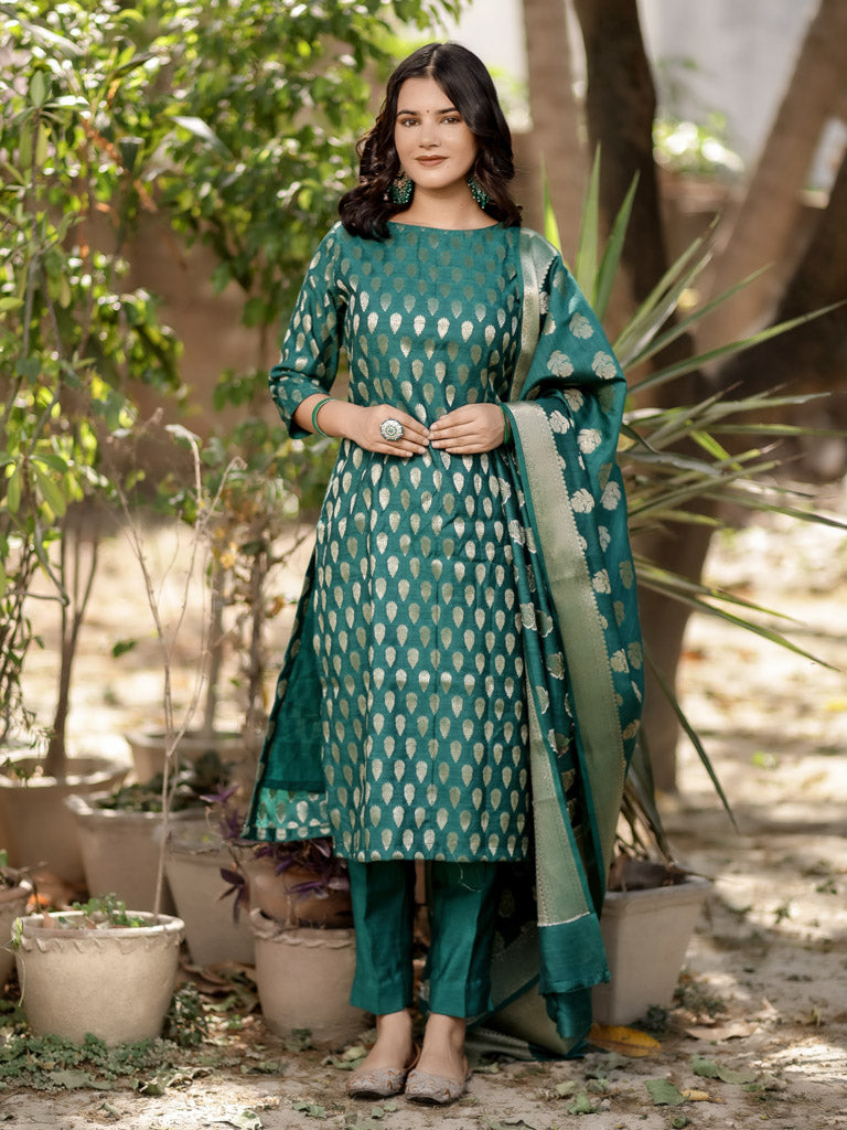 Readymade Banarasi Handloom Pure Muga Silk Salwar Kameez-Green