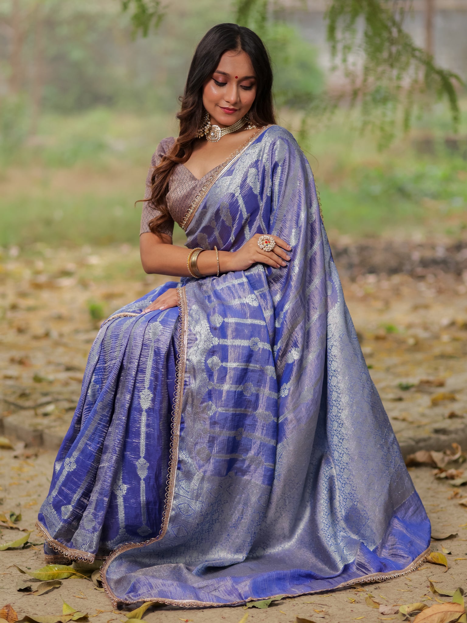 Banarasi Crushed Tissue Saree With Silver Zari Border & Lace- Blue