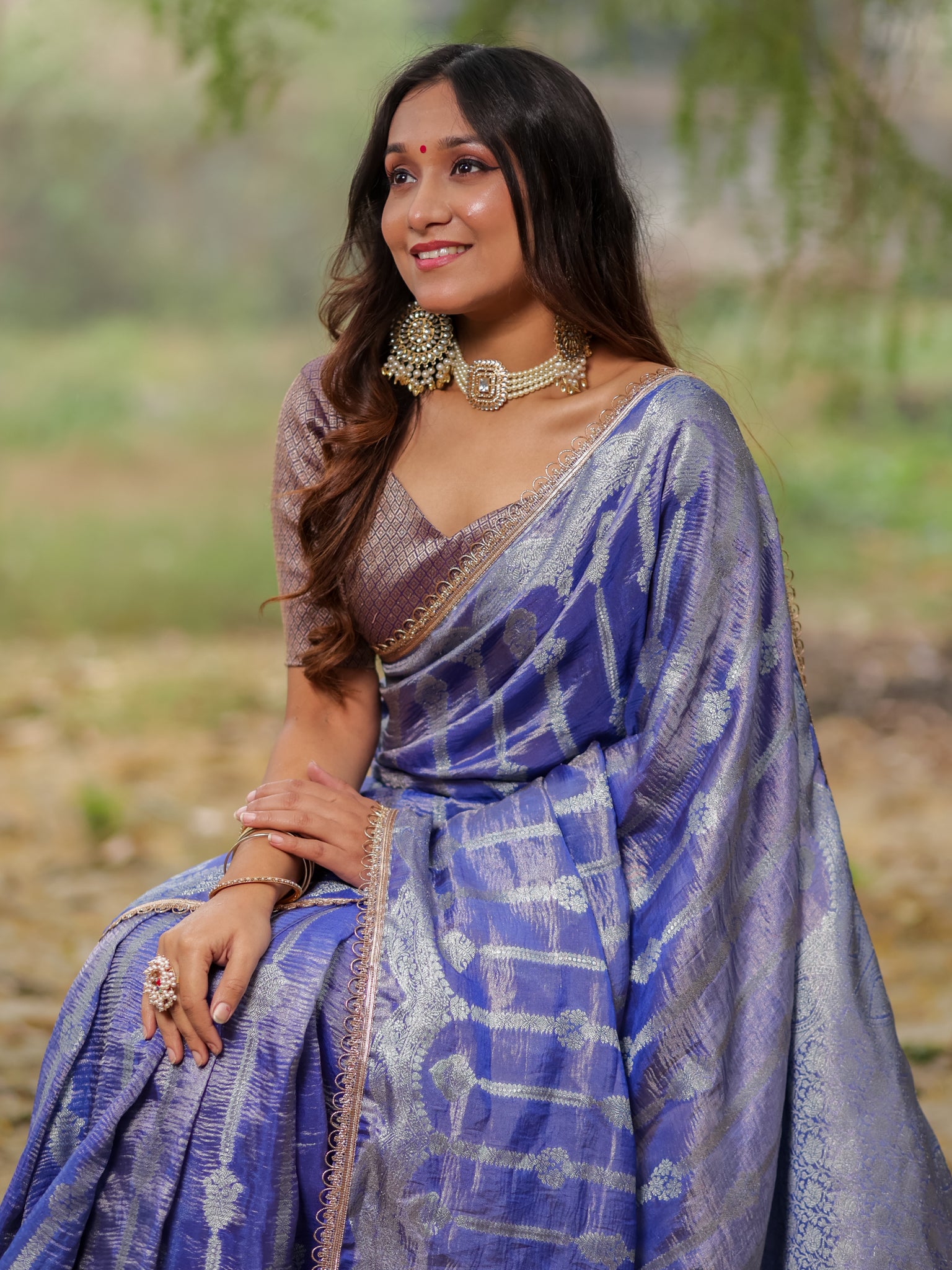 Banarasi Crushed Tissue Saree With Silver Zari Border & Lace- Blue