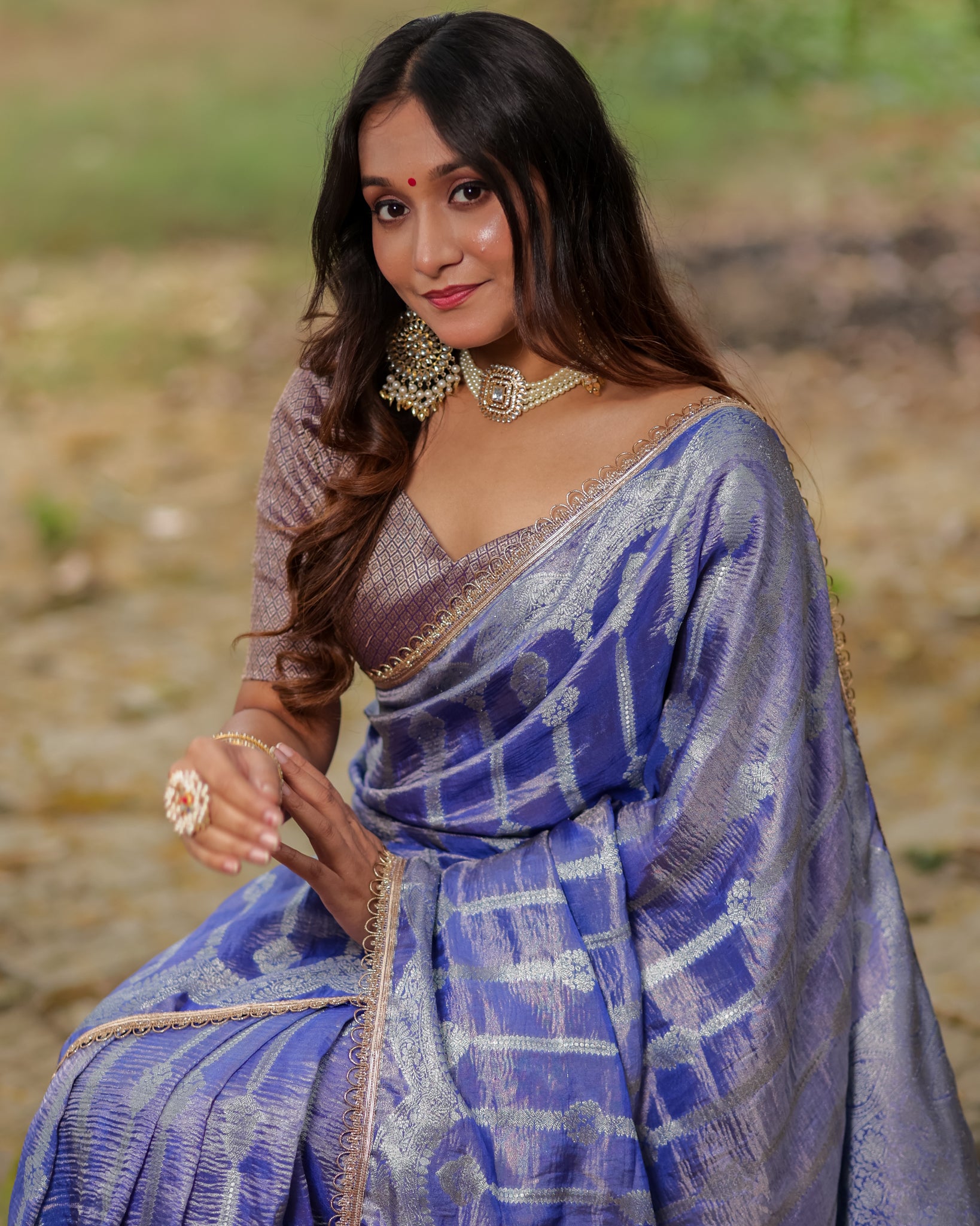 Banarasi Crushed Tissue Saree With Silver Zari Border & Lace- Blue