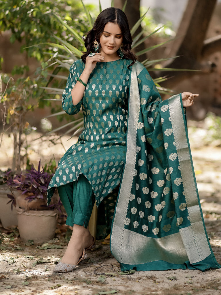 Readymade Banarasi Handloom Pure Muga Silk Salwar Kameez-Green