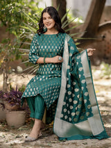 Readymade Banarasi Handloom Pure Muga Silk Salwar Kameez-Green