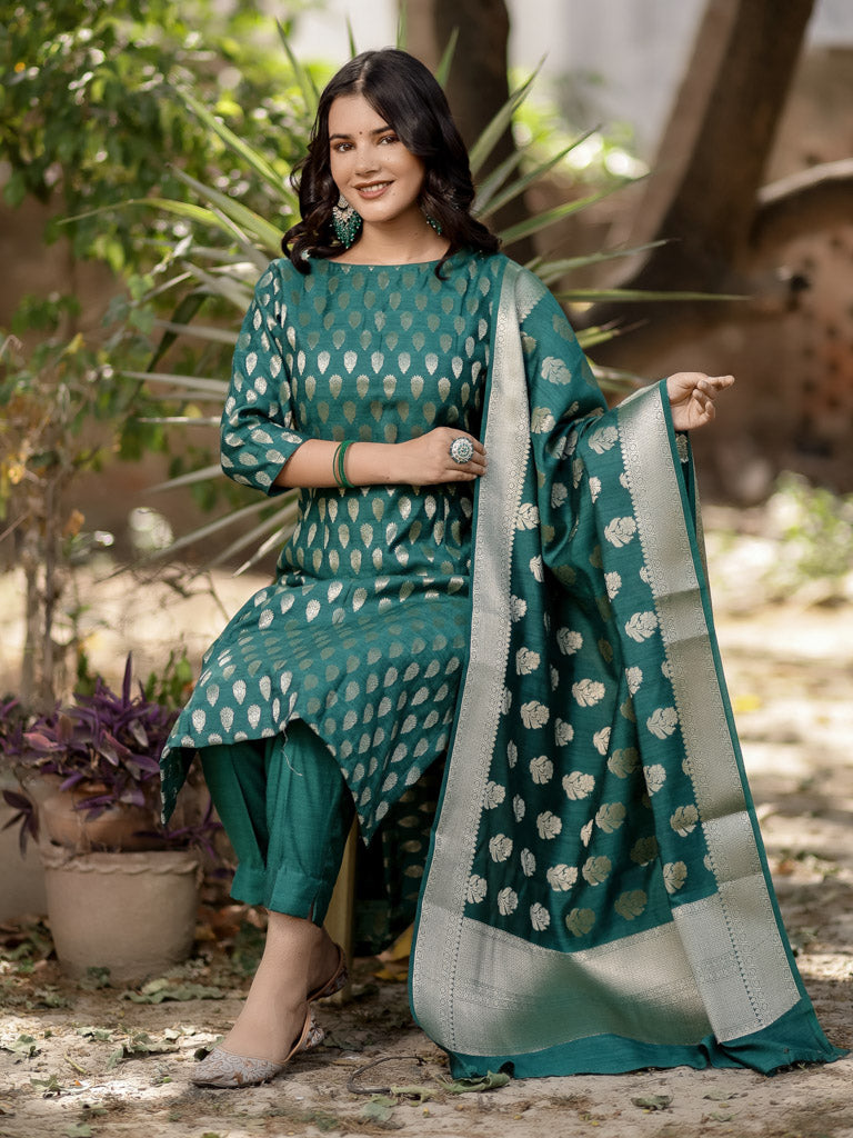 Readymade Banarasi Handloom Pure Muga Silk Salwar Kameez-Green