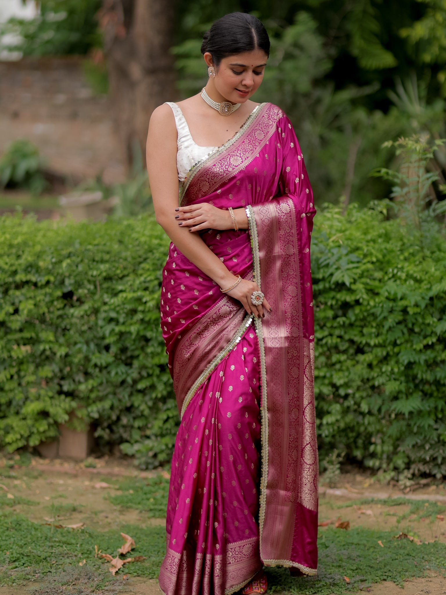 Banarasi Silk Saree With Buti Weaving & Lace Border- Purple