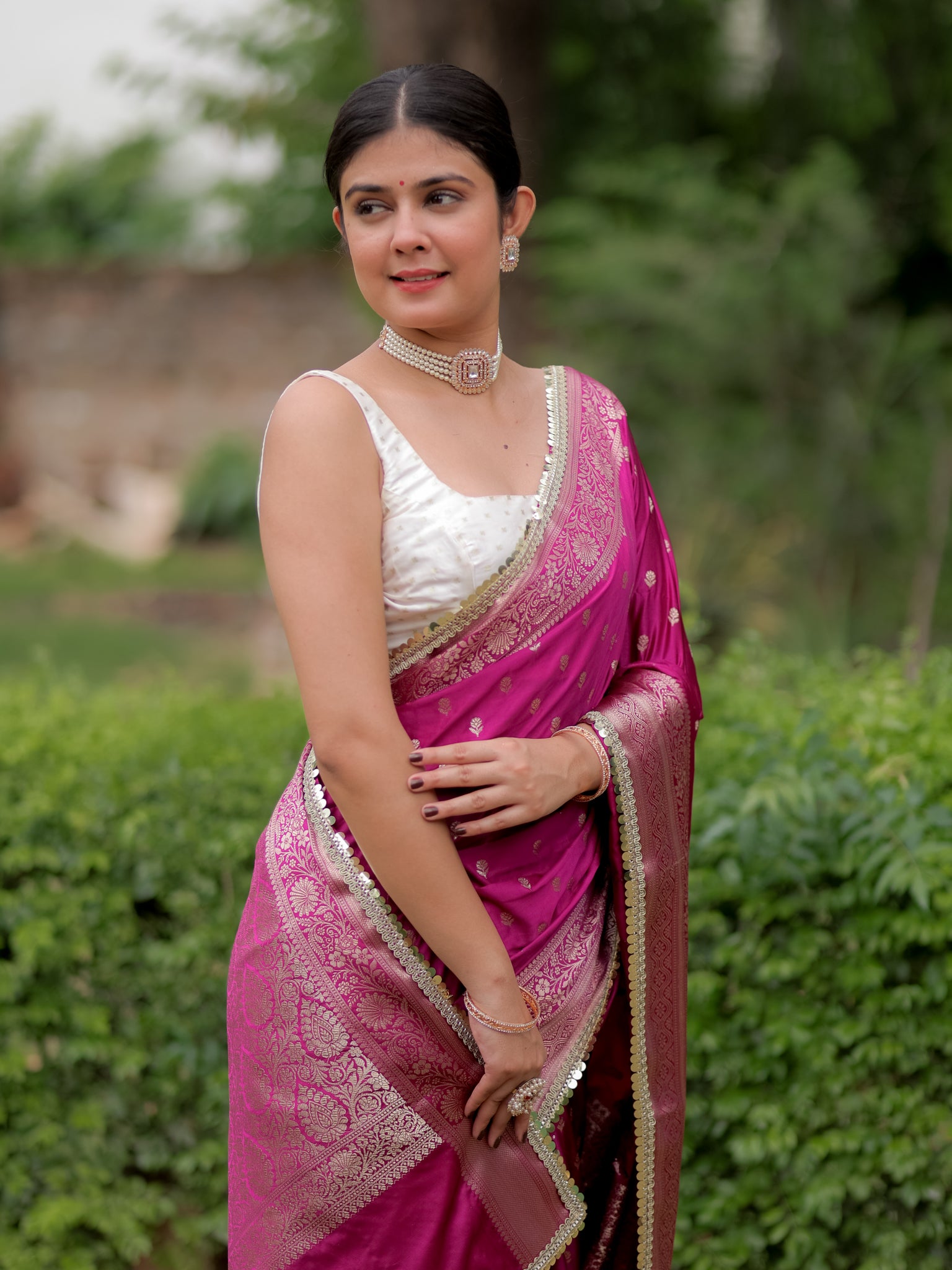 Banarasi Silk Saree With Buti Weaving & Lace Border- Purple