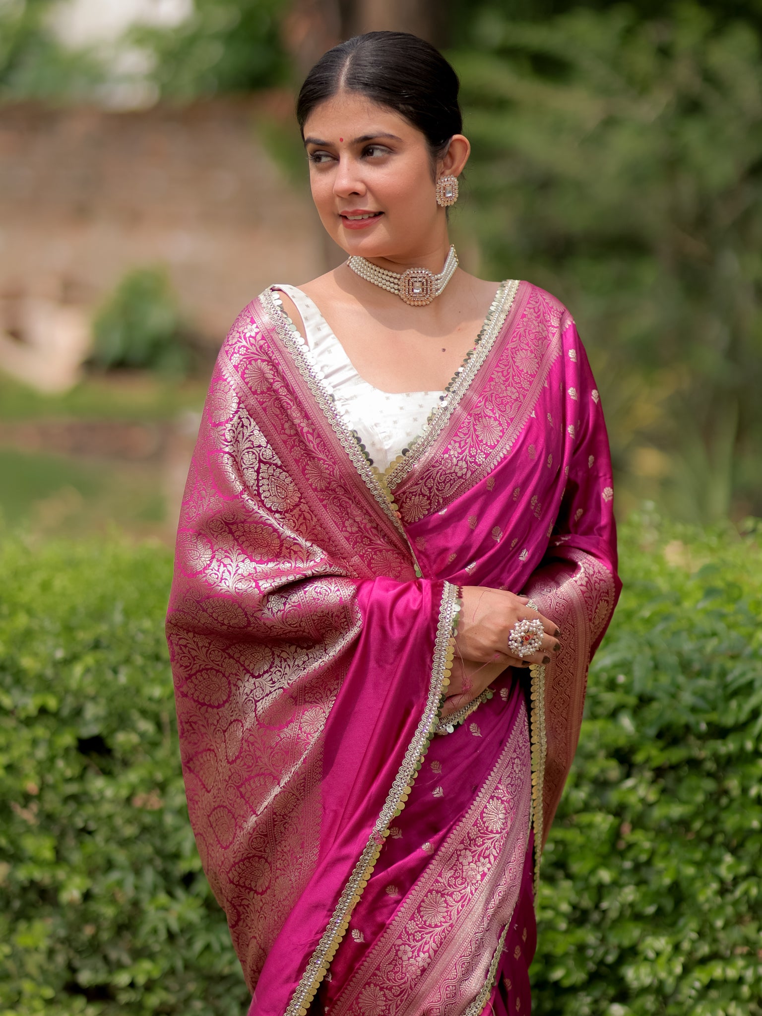 Banarasi Silk Saree With Buti Weaving & Lace Border- Purple
