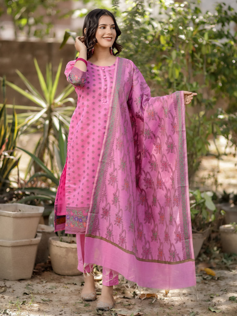 Readymade Banarasi Pure Cotton Silk Salwar Kameez-Pink