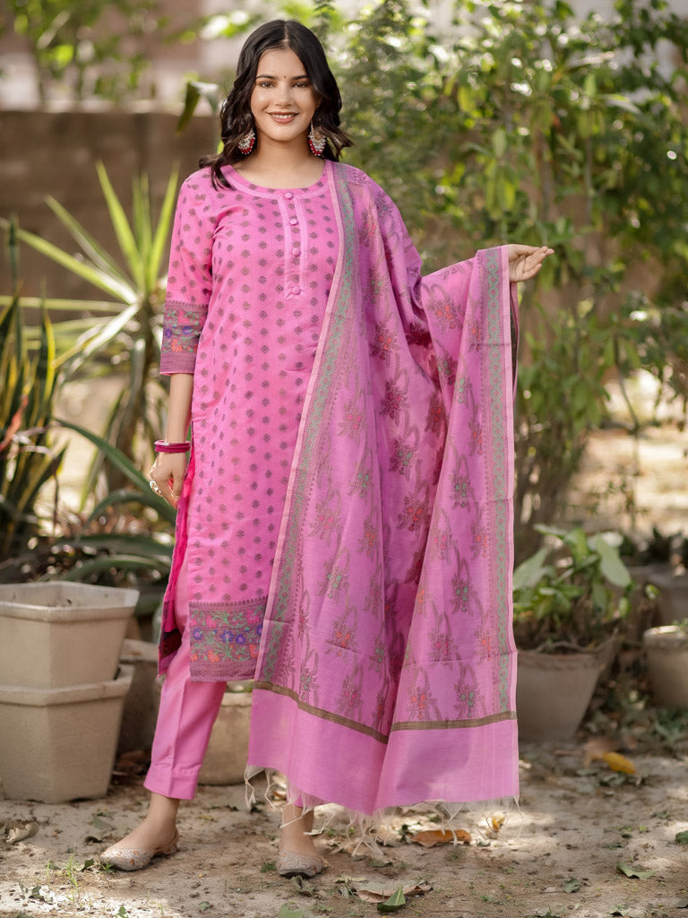 Readymade Banarasi Pure Cotton Silk Salwar Kameez-Pink