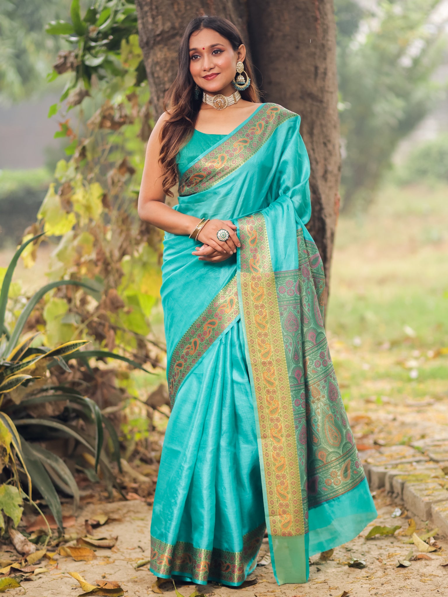 Banarasi Pure Tussar Saree With Resham Weaving Border- Turquois