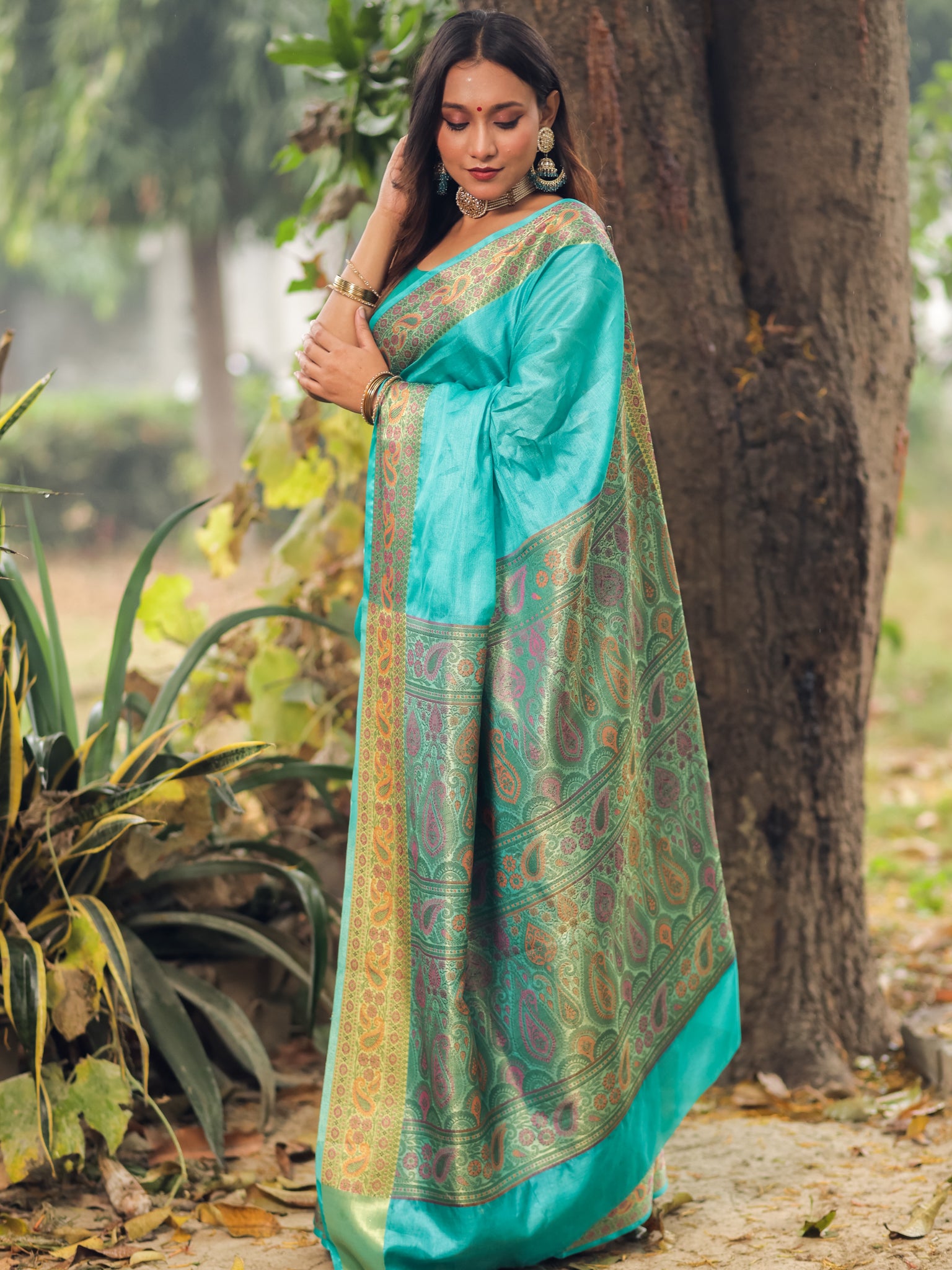 Banarasi Pure Tussar Saree With Resham Weaving Border- Turquois