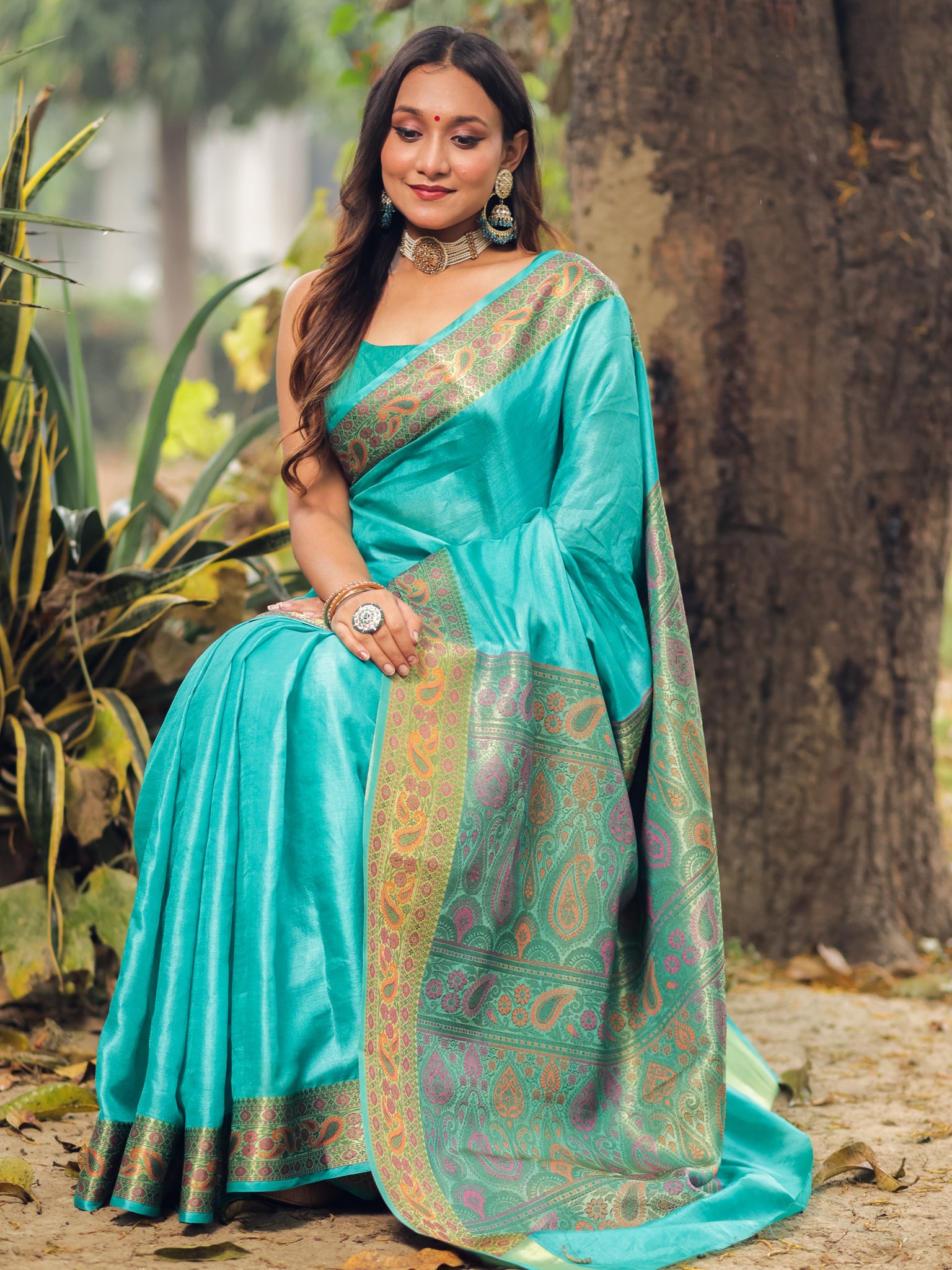 Banarasi Pure Tussar Saree With Resham Weaving Border- Turquois