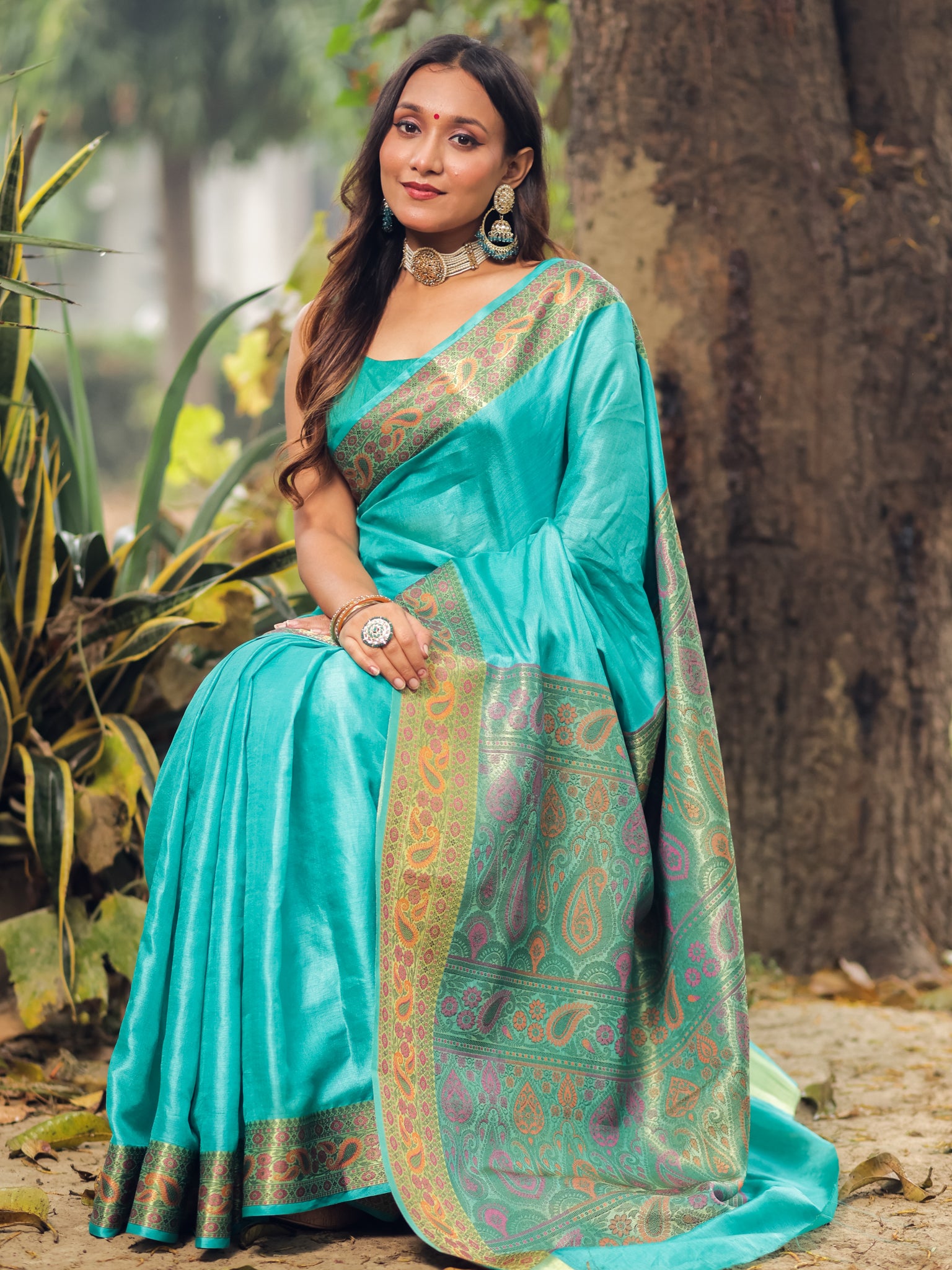 Banarasi Pure Tussar Saree With Resham Weaving Border- Turquois