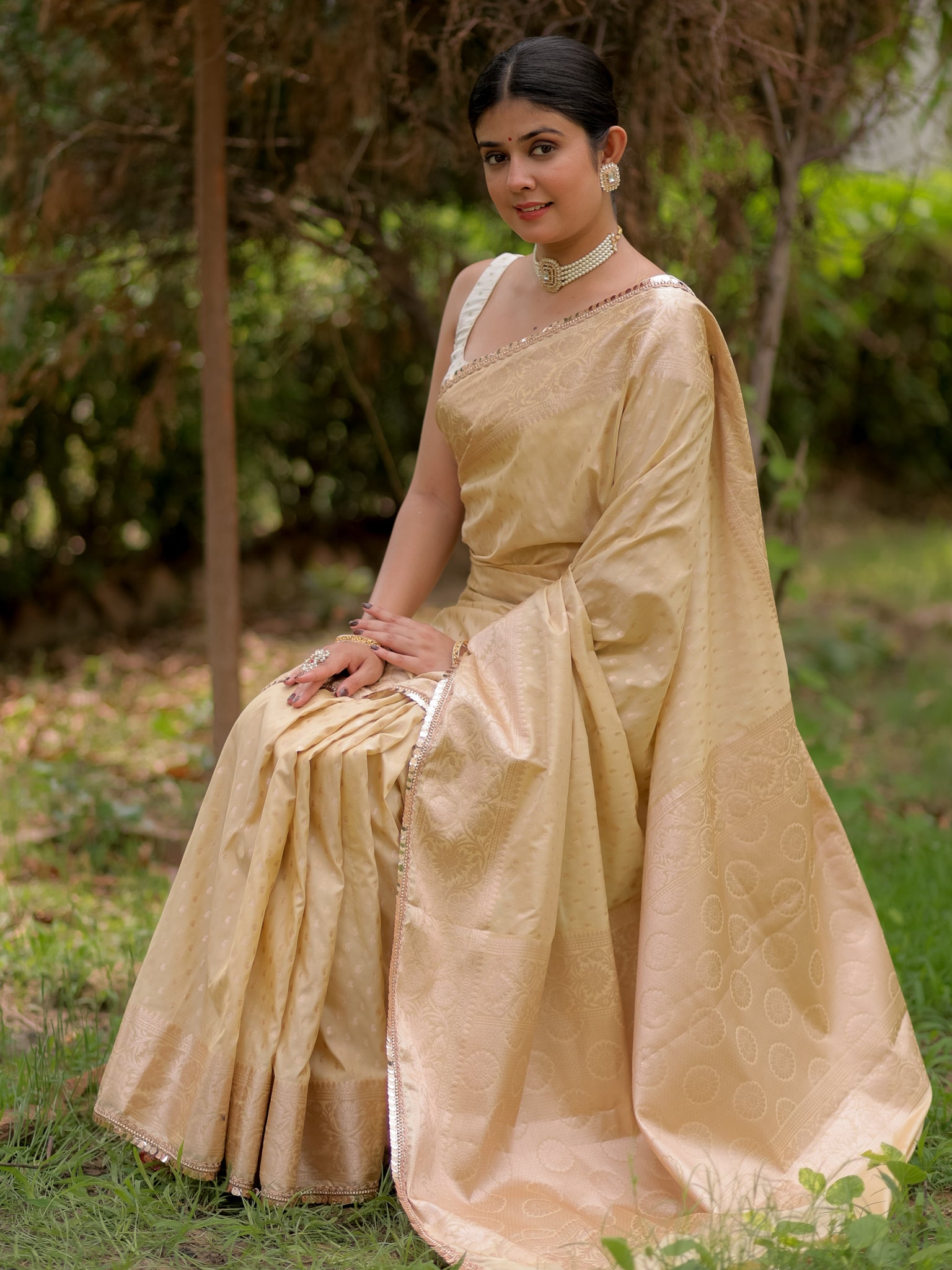 Banarasi Silk Saree With Buti Weaving & Lace Border- Beige