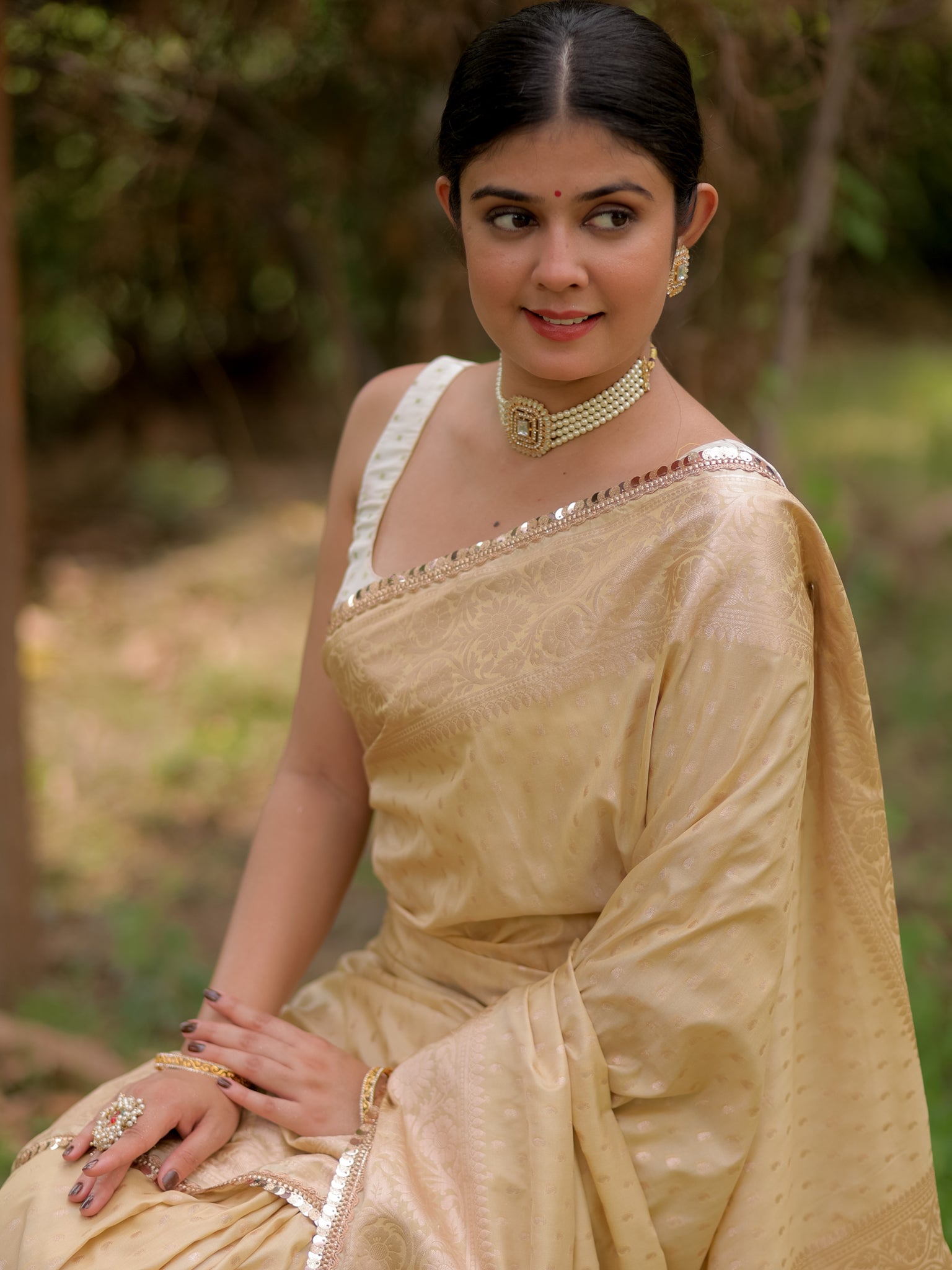 Banarasi Silk Saree With Buti Weaving & Lace Border- Beige