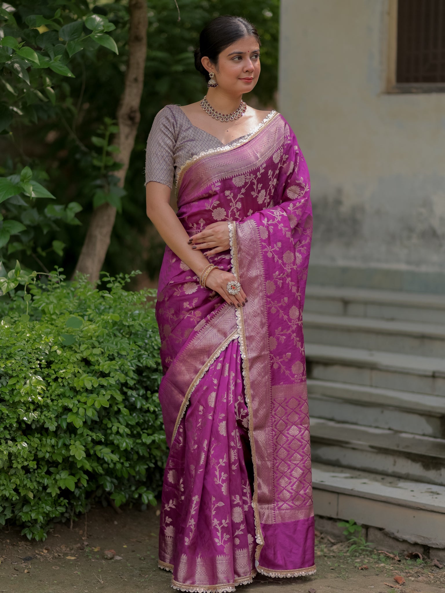 Banarasi Cotton Silk Saree With Floral Weaving & Lace Border- Violet