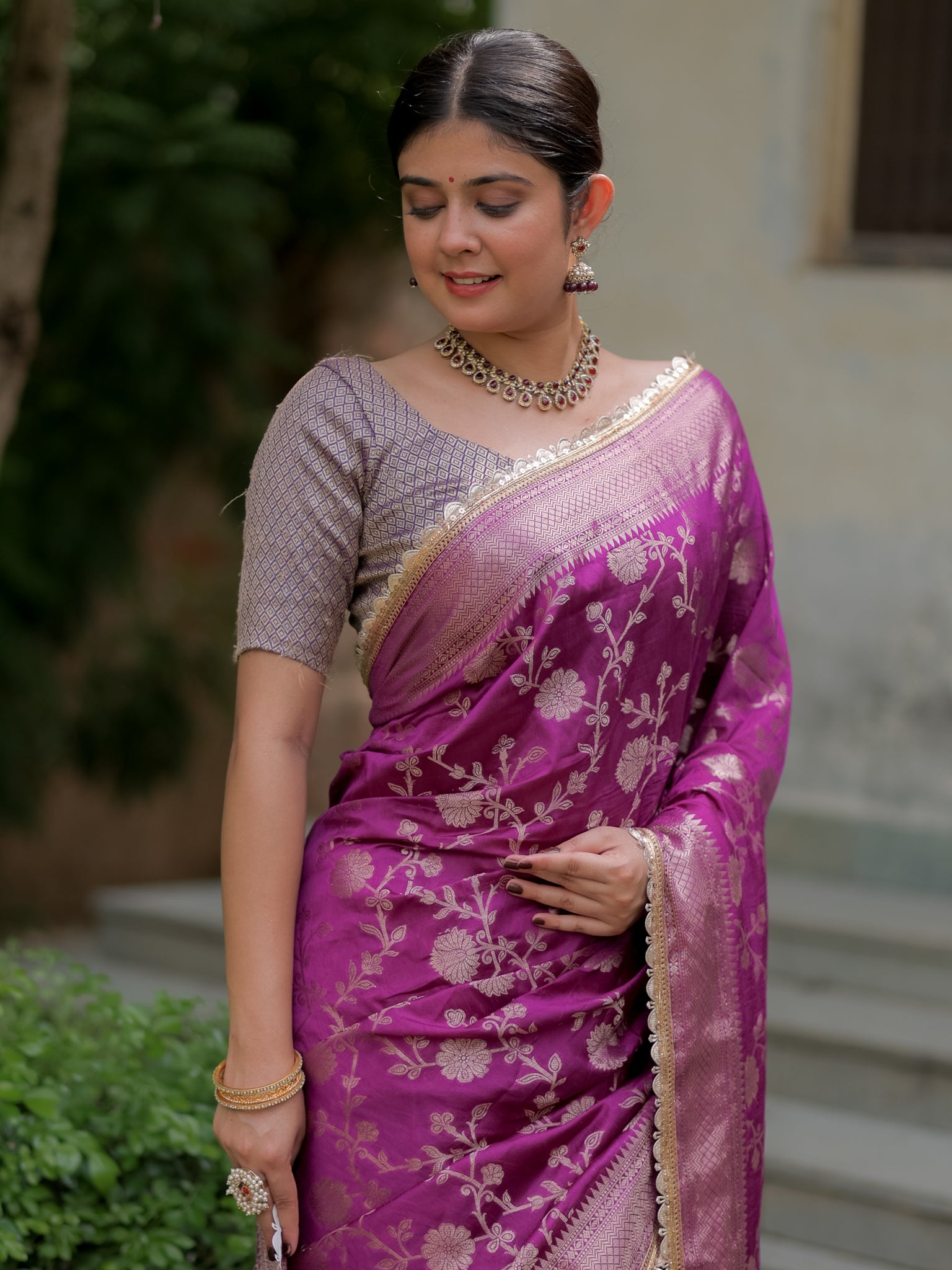 Banarasi Cotton Silk Saree With Floral Weaving & Lace Border- Violet