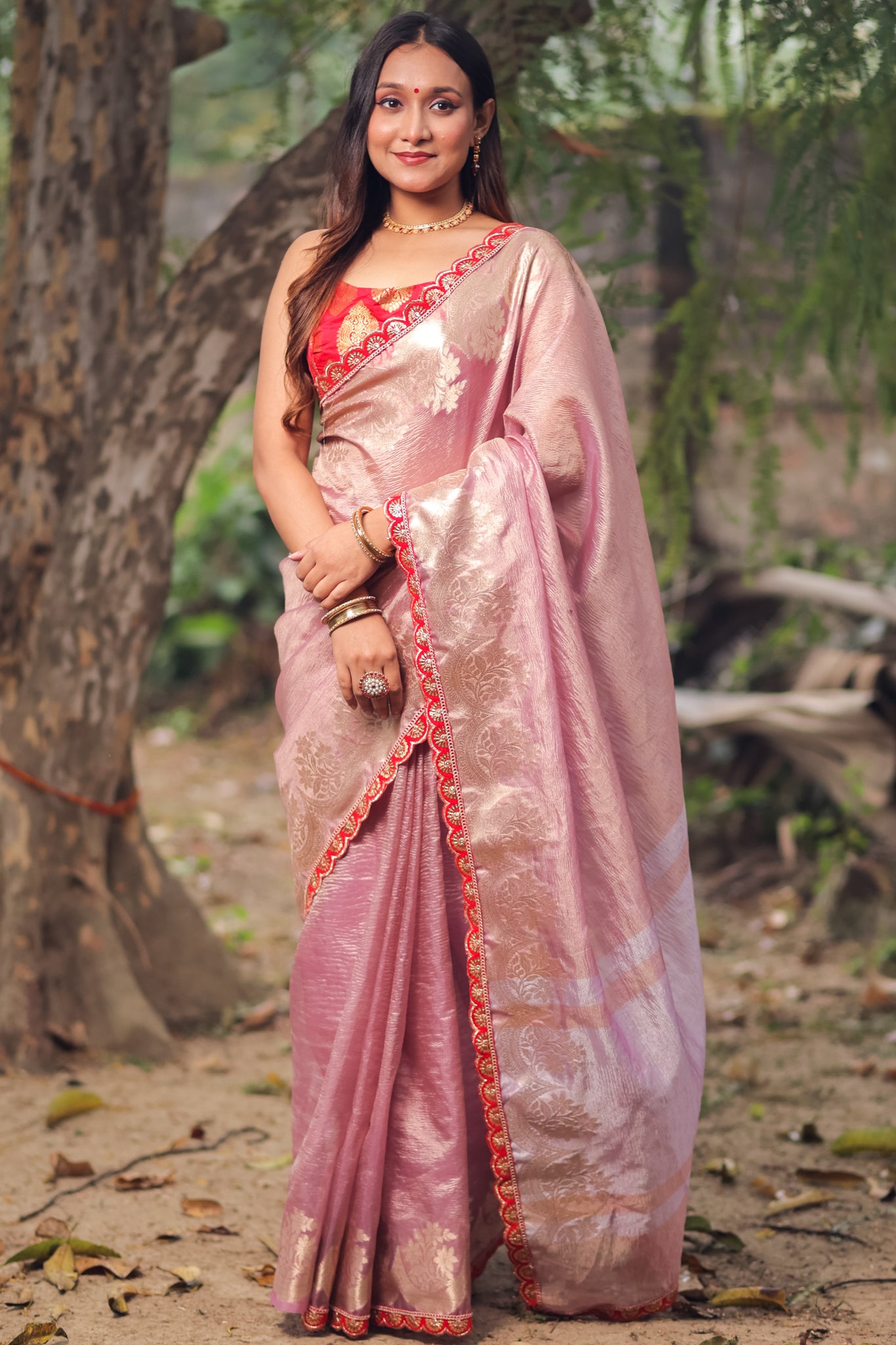 Banarasi Crushed Tissue Saree With Silver Zari Border & Lace- Pink