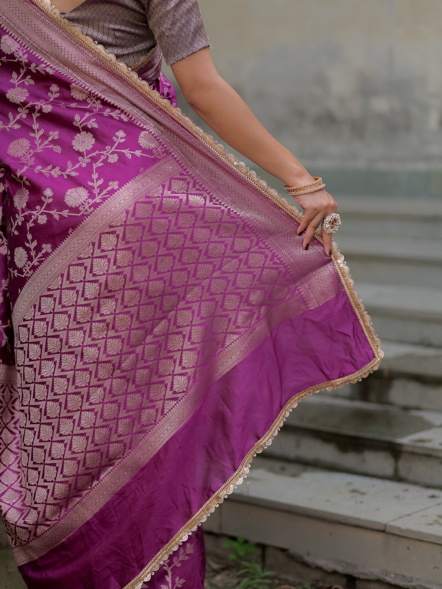 Banarasi Cotton Silk Saree With Floral Weaving & Lace Border- Violet